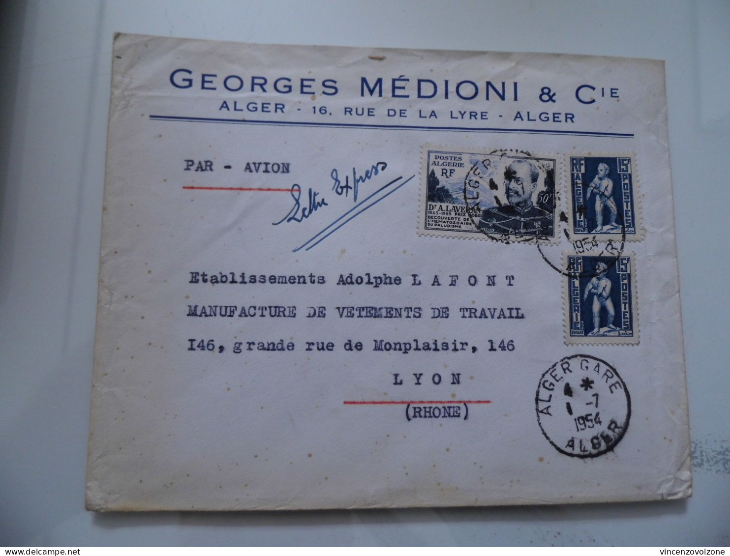Busta Viaggiata "GEORGES MEDIONI & C.IE ALGER" 1954 - Luchtpost