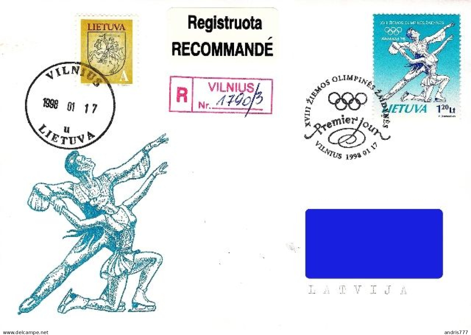 Lithuania Litauen Lituanie 1998 (01) Winter Olympic Games Nagano Figure Skating (addressed FDC) - Litauen