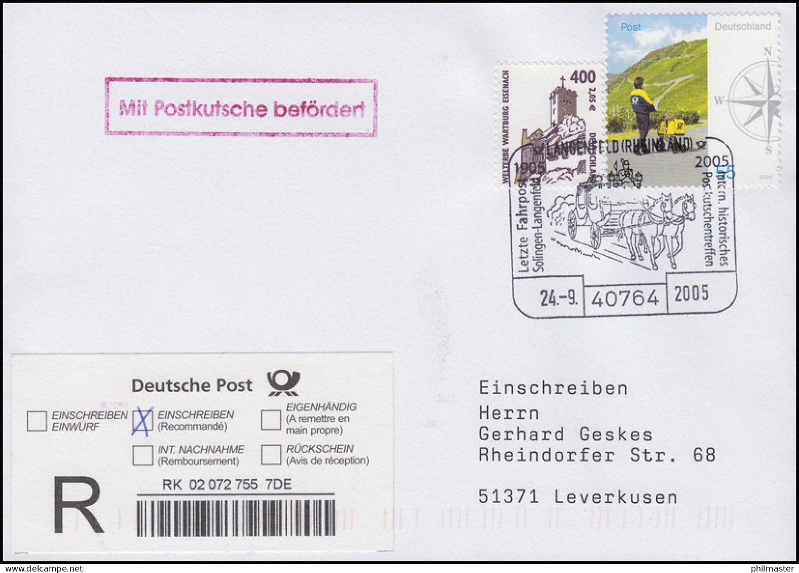 Postkutschenpost: R-Brief SSt Langenfeld/Rheinland Postkutsche 24.9.2005 - Postkoetsen