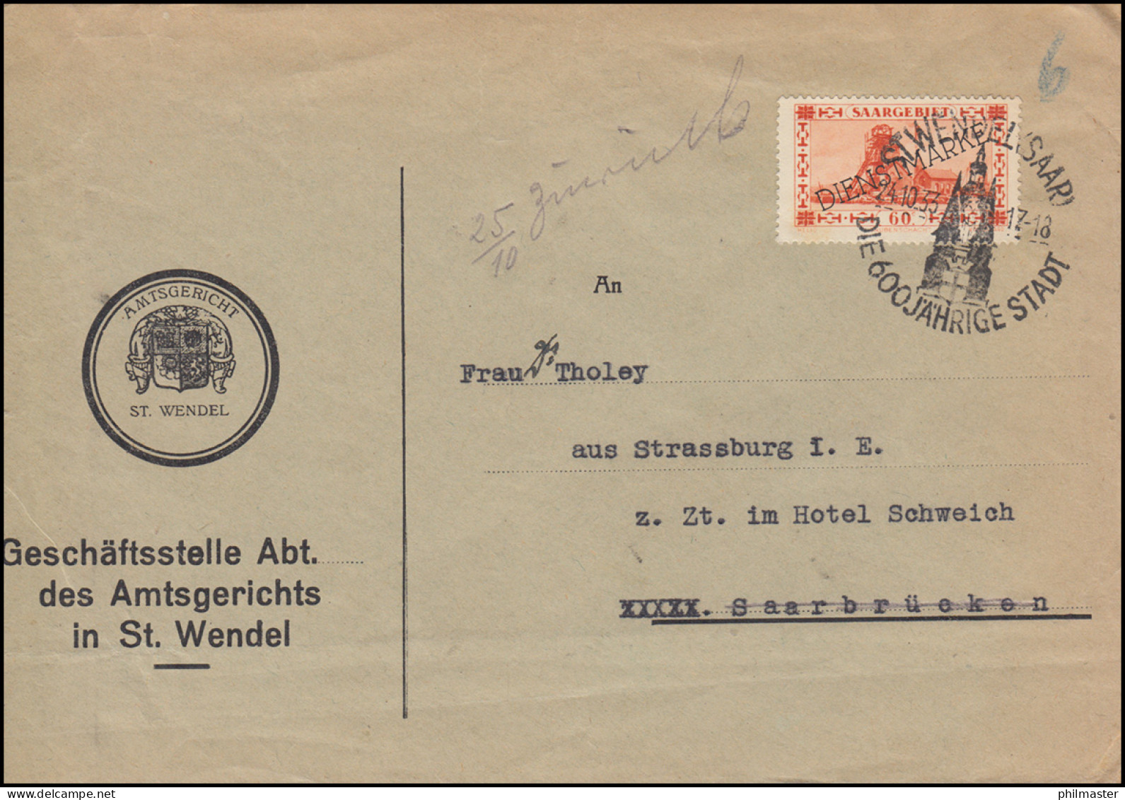 Dienst 27 Freimarke Mit Aufdruck EF Brief Amtsgericht SSt ST. WENDEL 24.10.1933 - Lettres & Documents