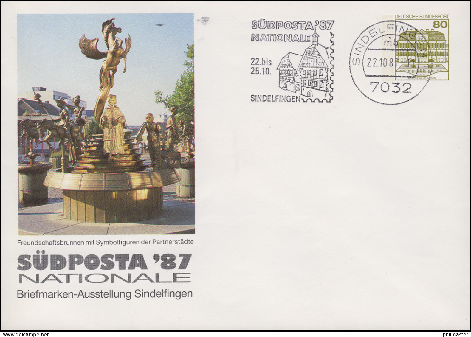 PU 117/312 BuS 80 Pf. SÜDPOSTA Freundschaftsbrunnen, Sindelfingen 22.10.87 - Privé Briefomslagen - Ongebruikt