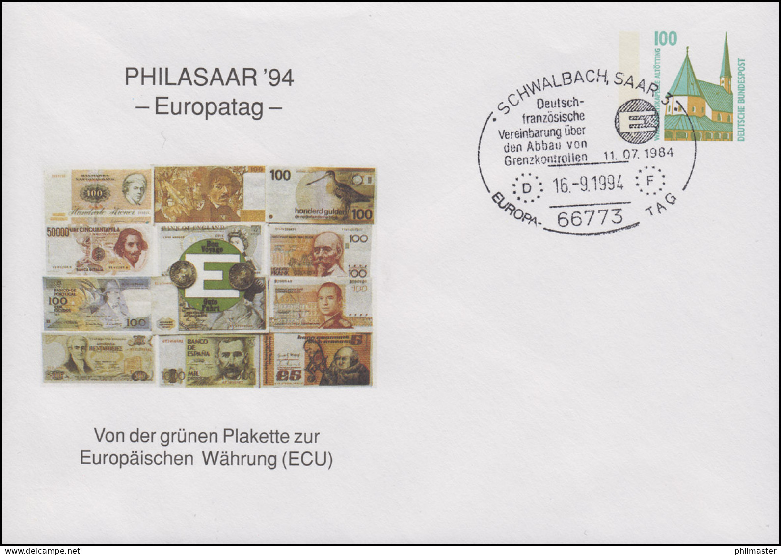 PU 290 Europatag Europäische Währung, SSt Schwalbach Abbau Grenzkontrollen 1994 - Enveloppes Privées - Neuves