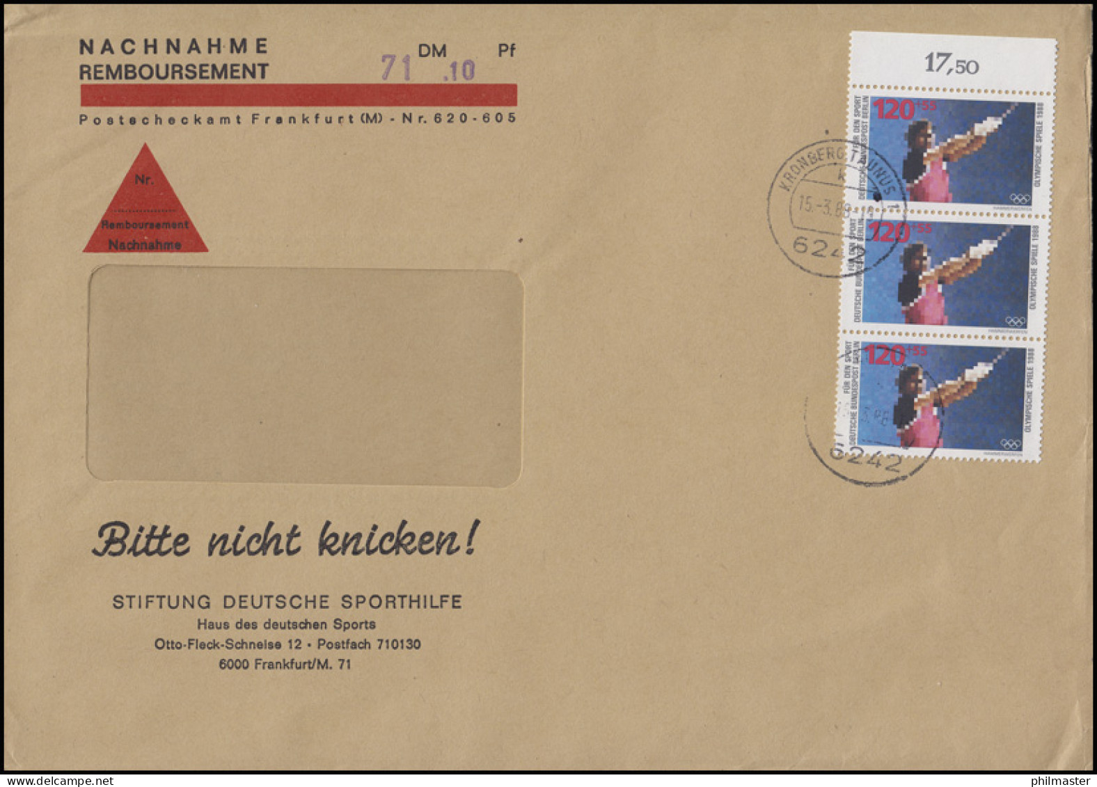 803 Olympia Hammerwerfen Rand-3er-Streifen 120 Pf MeF NN-Brief FRANKFURT 15.3.88 - Storia Postale