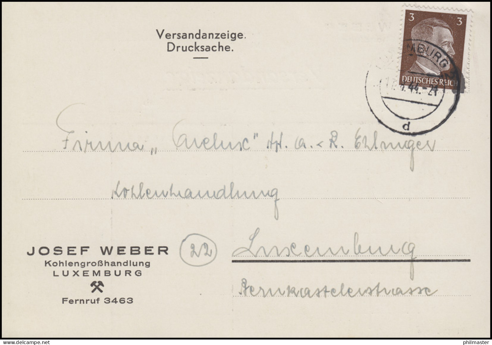 Luxemburg Hitler-EF 3 Pf. Orts-Drucksache Kohlenhandel LUXEMBURG-Tages-O 17.8.44 - Usines & Industries