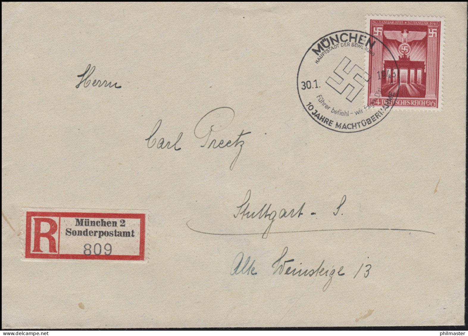 829 Machergreifung EF R-Brief SSt MÜNCHEN Jahrestag 30.1.1943 Nach Stuttgart - R- & V- Labels