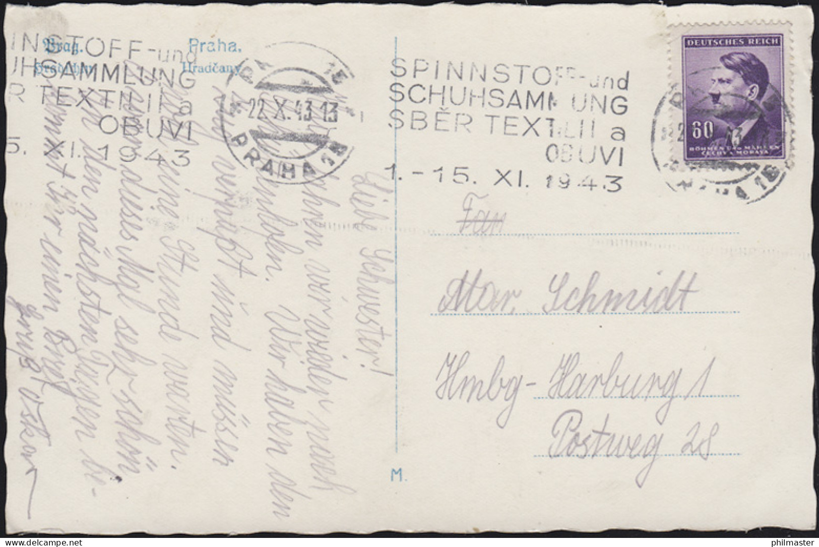 Textilien: Spinnstoff- Und Schuhsammlung EF AK Prag PRAG 22.10.43 Nach Hamburg - Textile