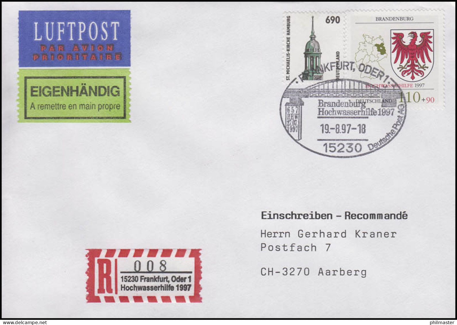 Sonder-R-Zettel Hochwasserhilfe MiF 1941 FDC Eigenh. ESSt Frankfurt/Oder 19.8.97 - Etiquettes 'Recommandé' & 'Valeur Déclarée'