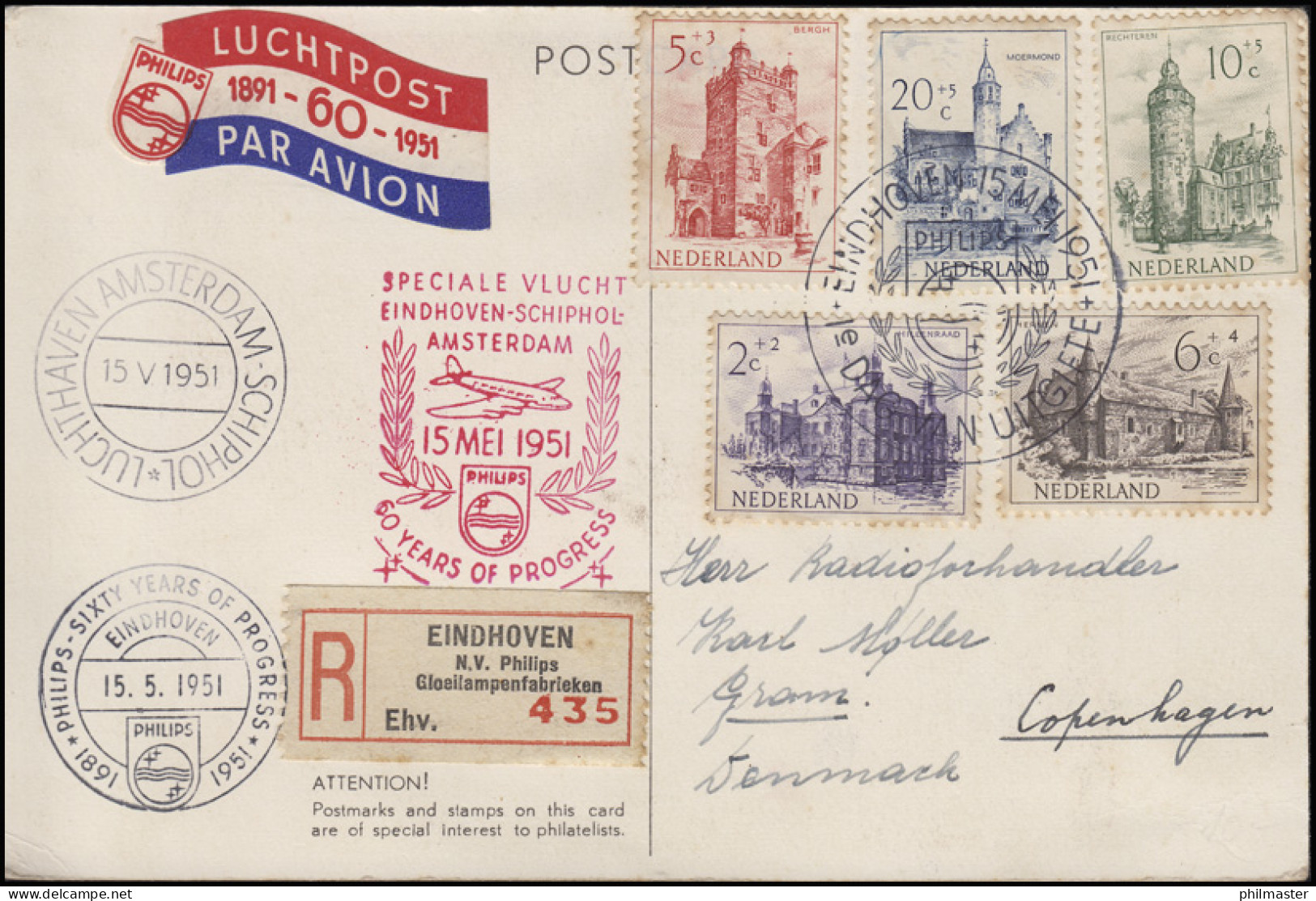 Luftpost Eindhoven - Schiphol - Amsterdam 15.5.1951, R-PK SSt Eindhofen 15..551 - R- & V- Labels