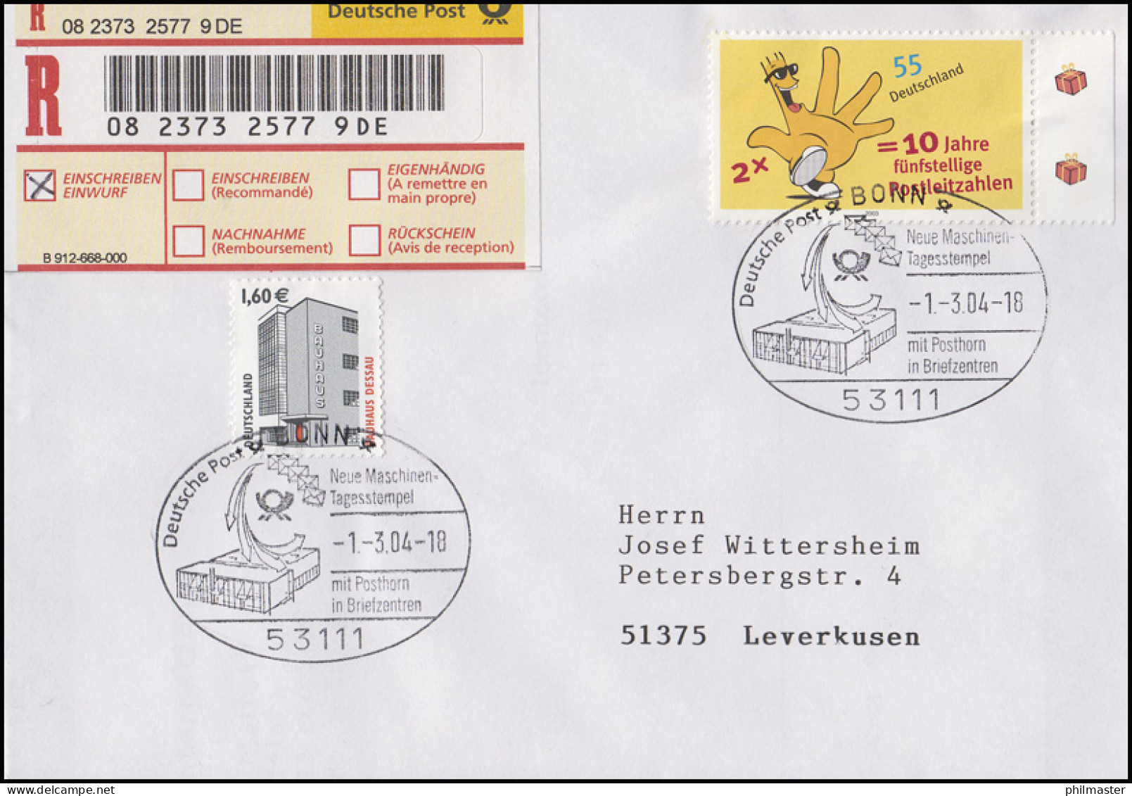 2344 Neue Postleitzahlen MiF R-Bf SSt Bonn Maschinen-Tagesstempel In BZ 1.3.2004 - Post