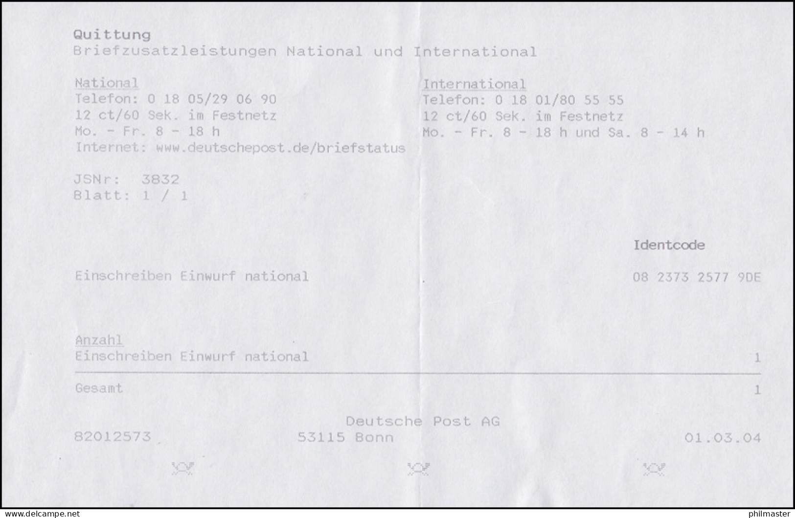 2344 Neue Postleitzahlen MiF R-Bf SSt Bonn Maschinen-Tagesstempel In BZ 1.3.2004 - Post