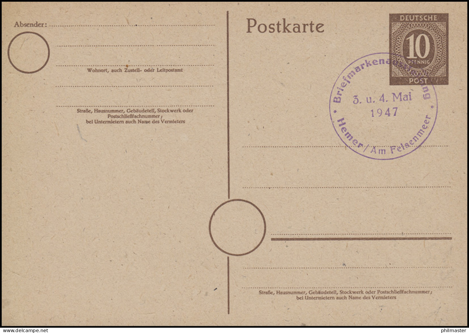 P 952a Ziffer 10 Pf SSt Briefmarkenausstellung Hemer / Am Felsenmeer 3.-4.5.1947 - Philatelic Exhibitions