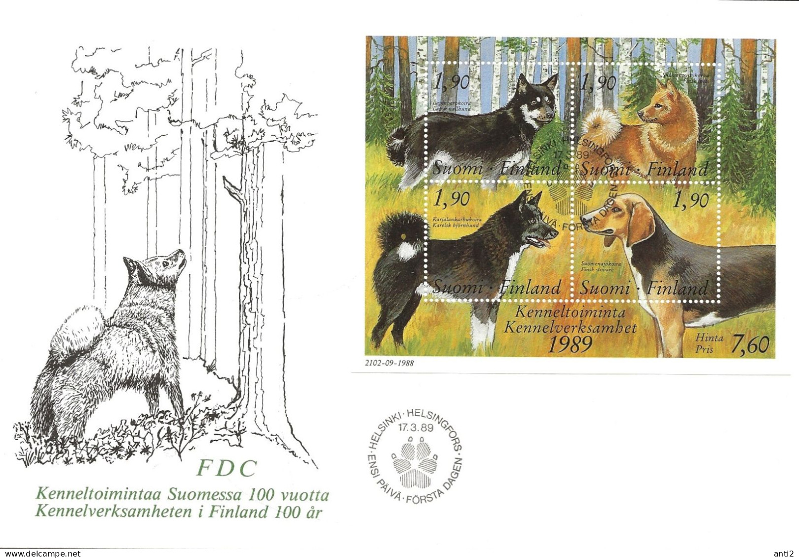 Finland   1989 Centenary Of The Finnish Dog Breeders, Lapland Shepherd Dog, Finnish Spitz, Karelian Bear Dog, FDC - Lettres & Documents