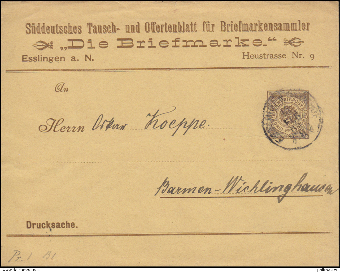 Württemberg PS 2 Ziffer Drucksache Die Briefmarke ESSLINGEN-BAHNHOF 16.2.1895 - Interi Postali
