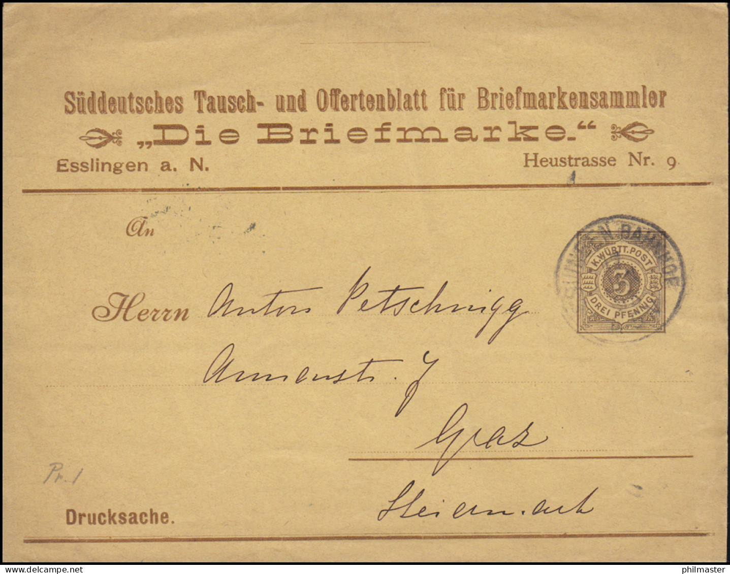 Württemberg PS 2 Ziffer Drucksache Die Briefmarke ESSLINGEN-BAHNHOF 17.1.1895 - Enteros Postales