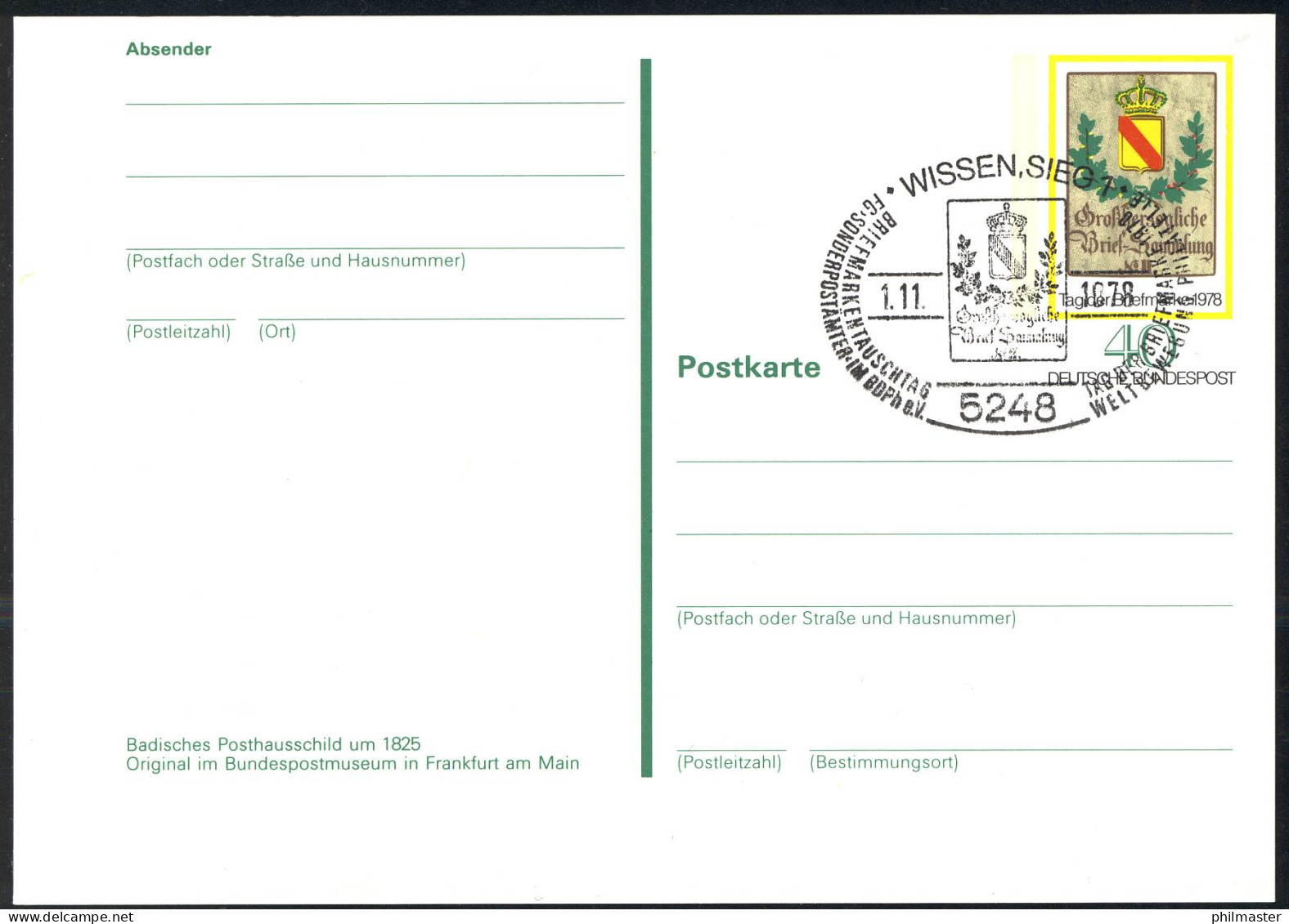 PSo 5 Tag Der Briefmarke, ESSt Wissen/Sieg Badisches Posthausschild - Postkaarten - Ongebruikt