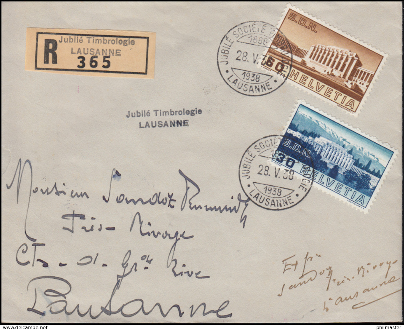 Schweiz 322+323 Völkerbund-Palast Auf Orts-R-Brief Mit SSt LAUSANNE 28.5.38 - Philatelic Exhibitions