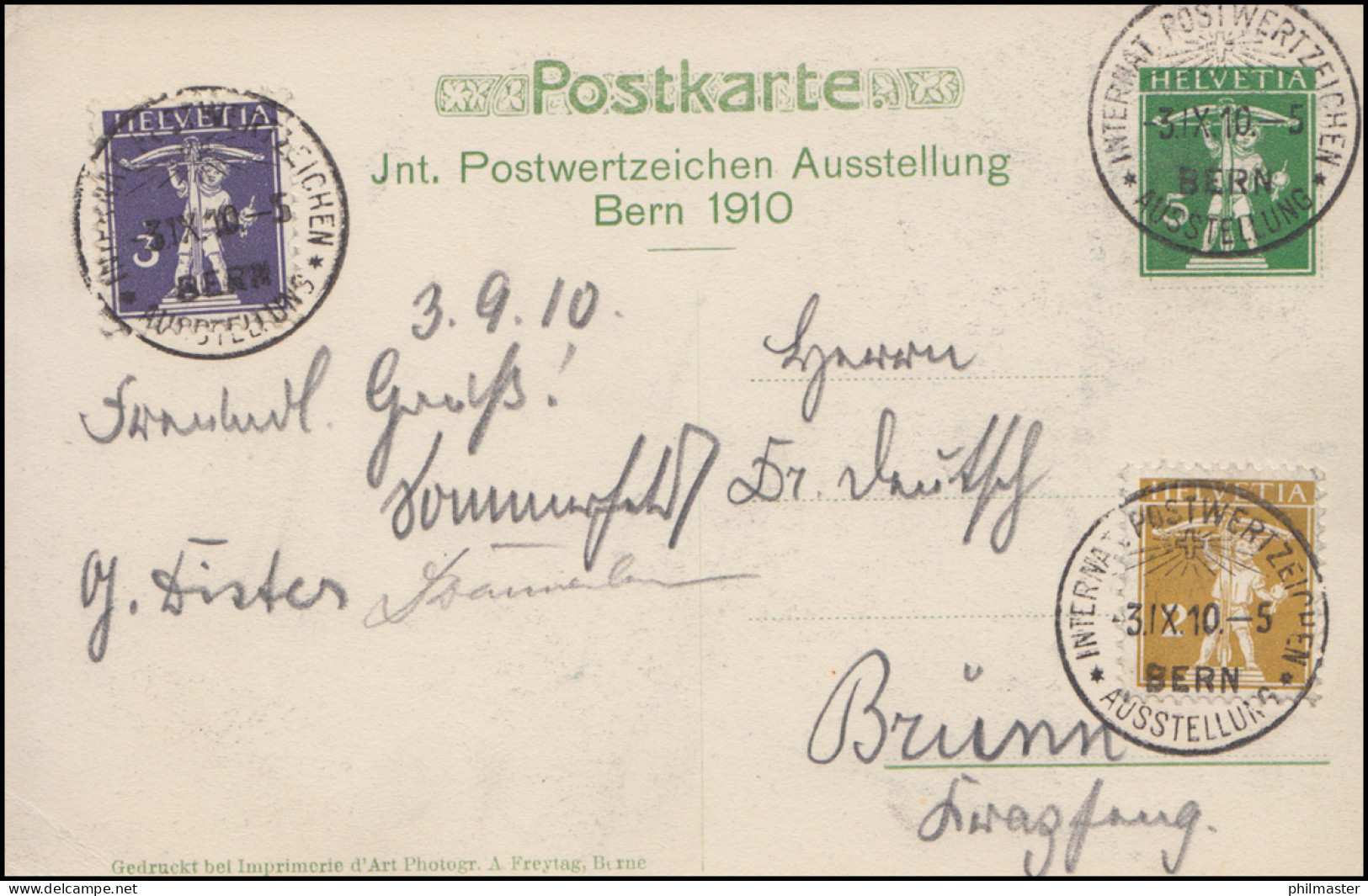 Schweiz Postwertzeichen-Ausstellung Bern 1910 Sonderganzsache SSt BERN 3.9.10 - Philatelic Exhibitions
