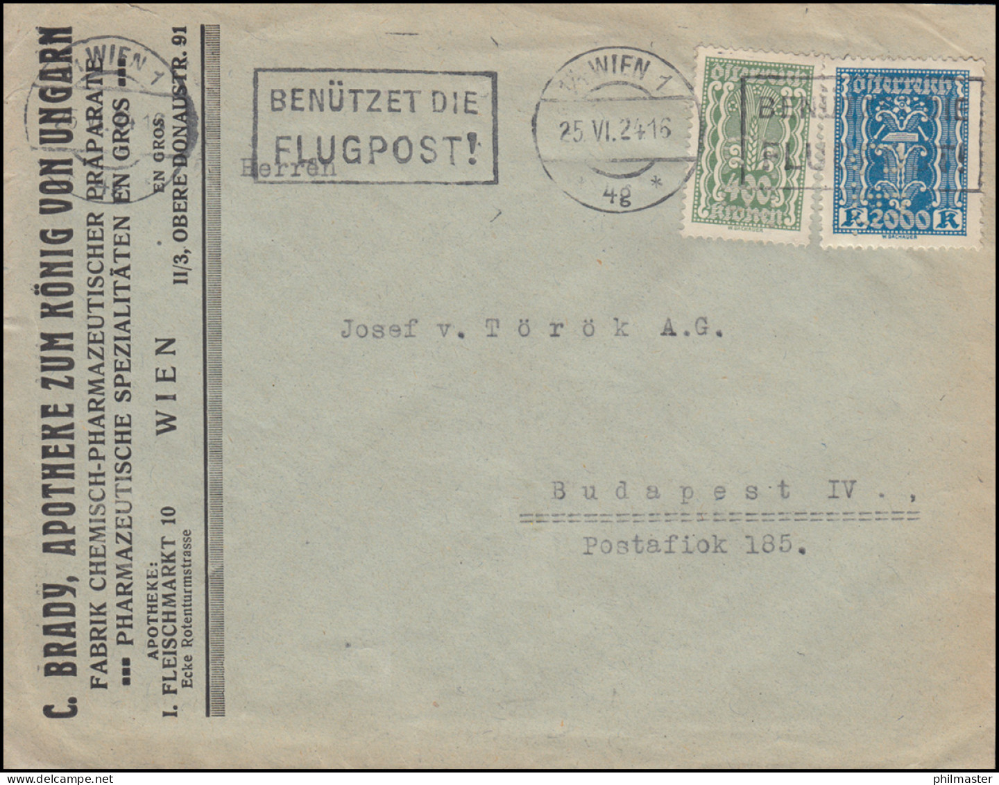 386+395 Freimarken-MiF Auf Schwerem Brief Ab WIEN 25.6.1924 Nach Budapest - Farmacia