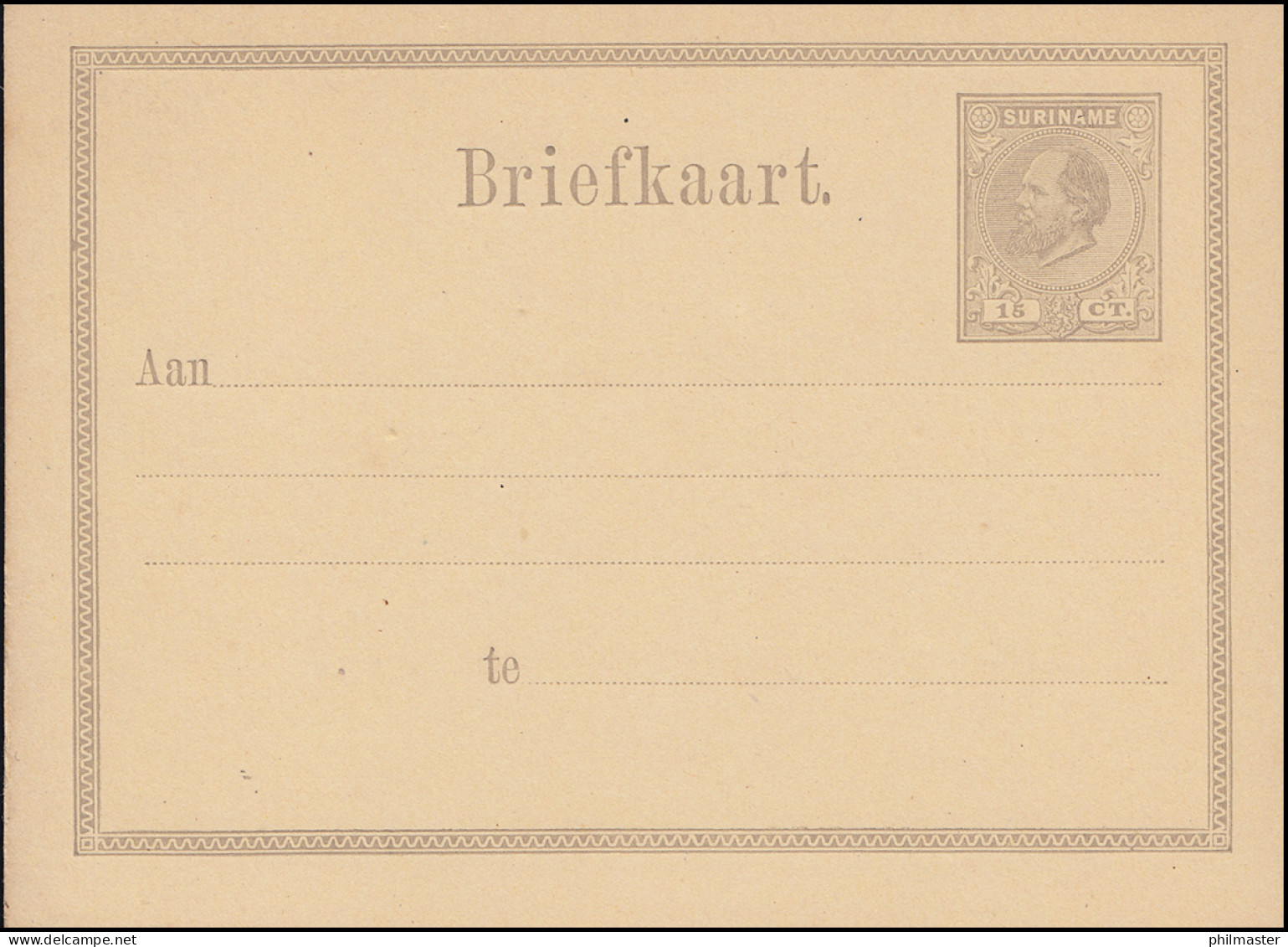 Surinam Postkarte / Post Card 15 Ct. Braun 1878, Ungebraucht ** - Suriname