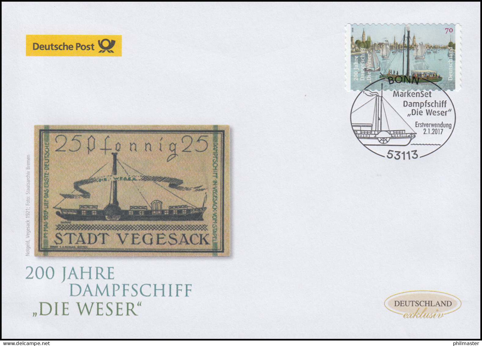 3279 Dampfschiff Die Weser, Selbstklebend, Schmuck-FDC Deutschland Exklusiv - Storia Postale