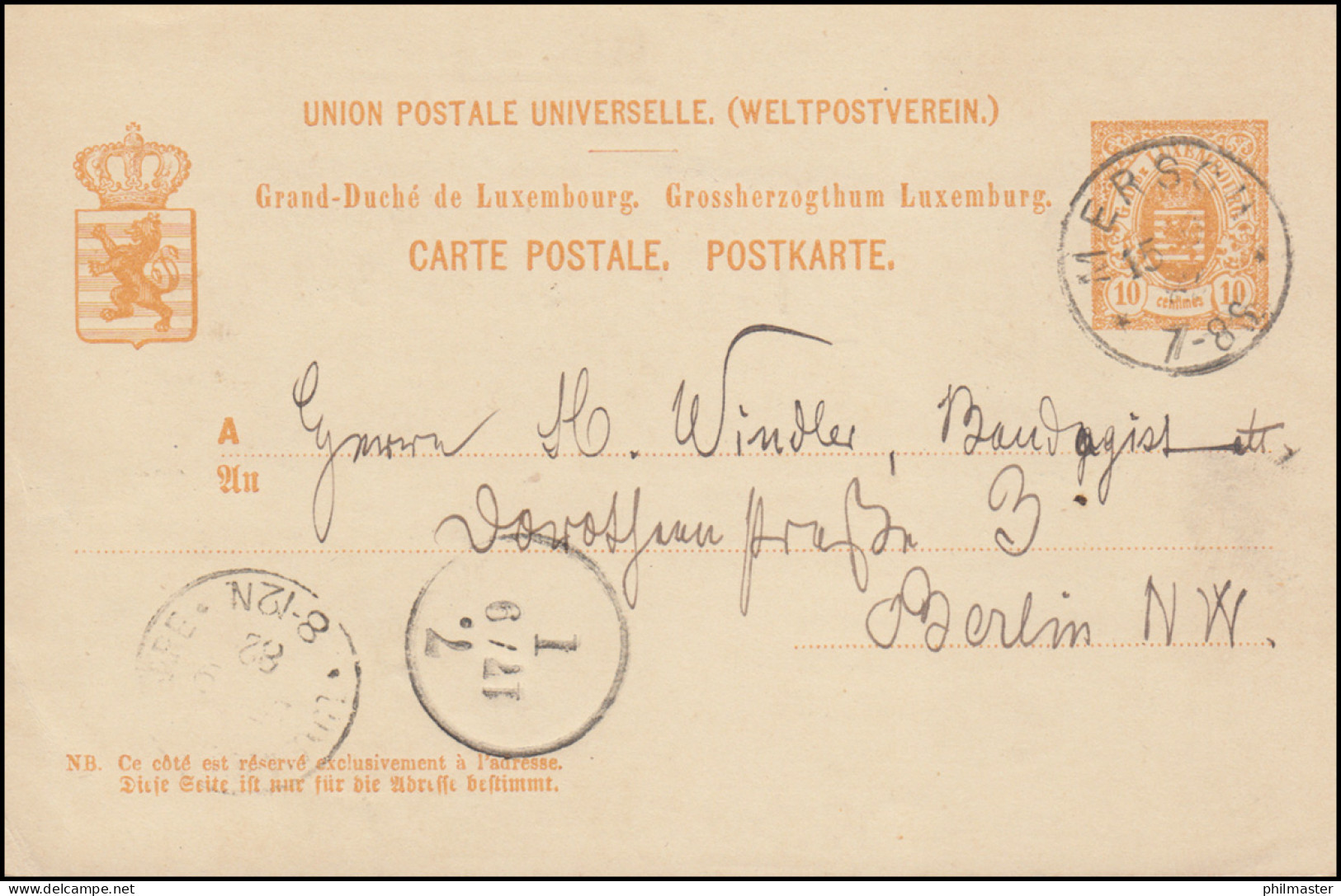 Luxemburg Postkarte P 32 MERSCH 15.9.1882 über LUXEMBOURG Nach BERLIN - Sonstige & Ohne Zuordnung