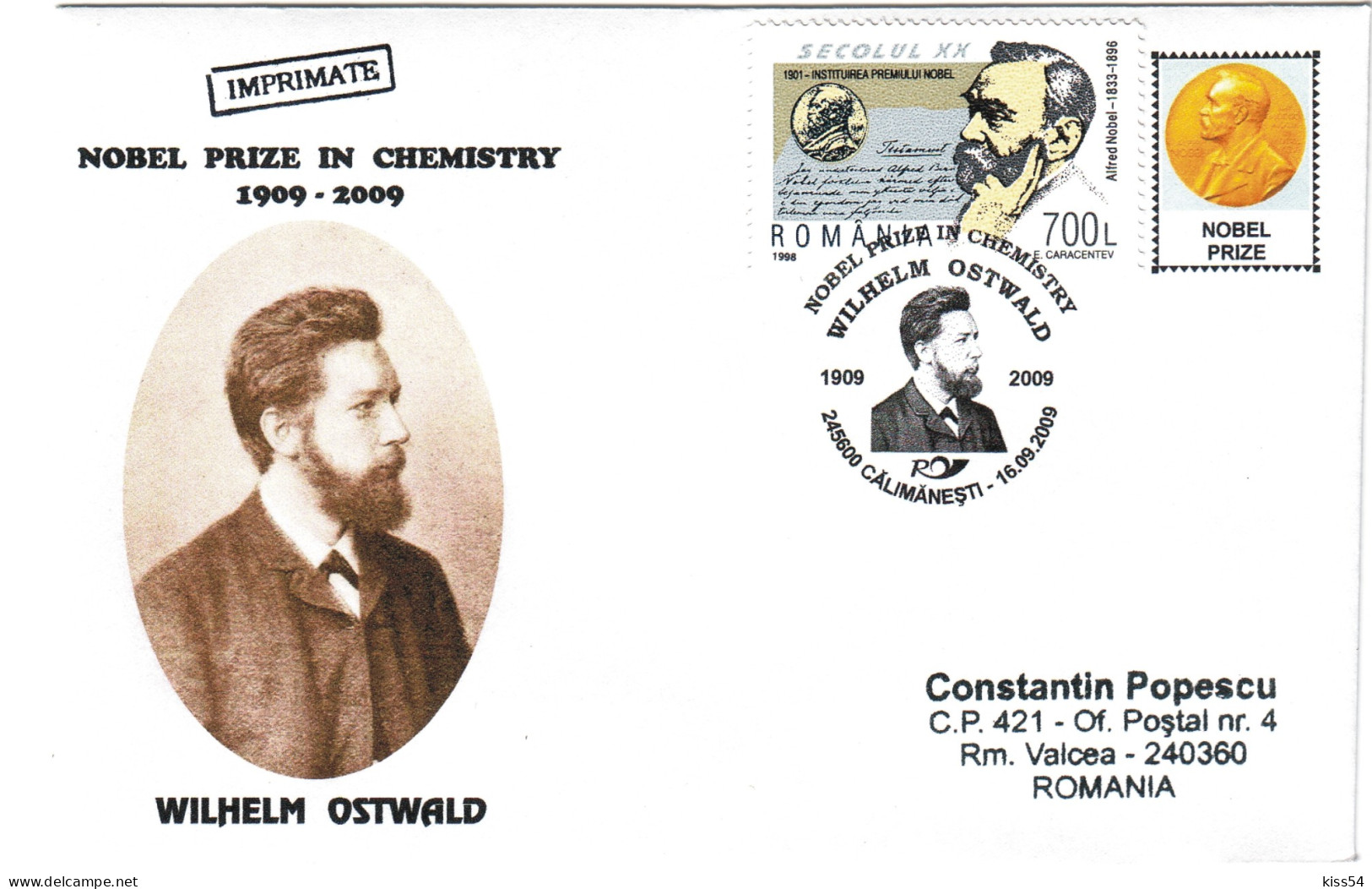 COV 15 - 674 WILHELM OSTWALD, Nobel Prize In Chemistry, Romania - Cover - Used - 2009 - Prix Nobel