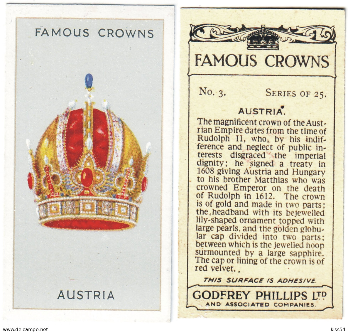CR 6 - 3b Famous Crown, AUSTRIA, Emperor RUDOLPH II - Godfrey Phillips - 1938 - Phillips / BDV