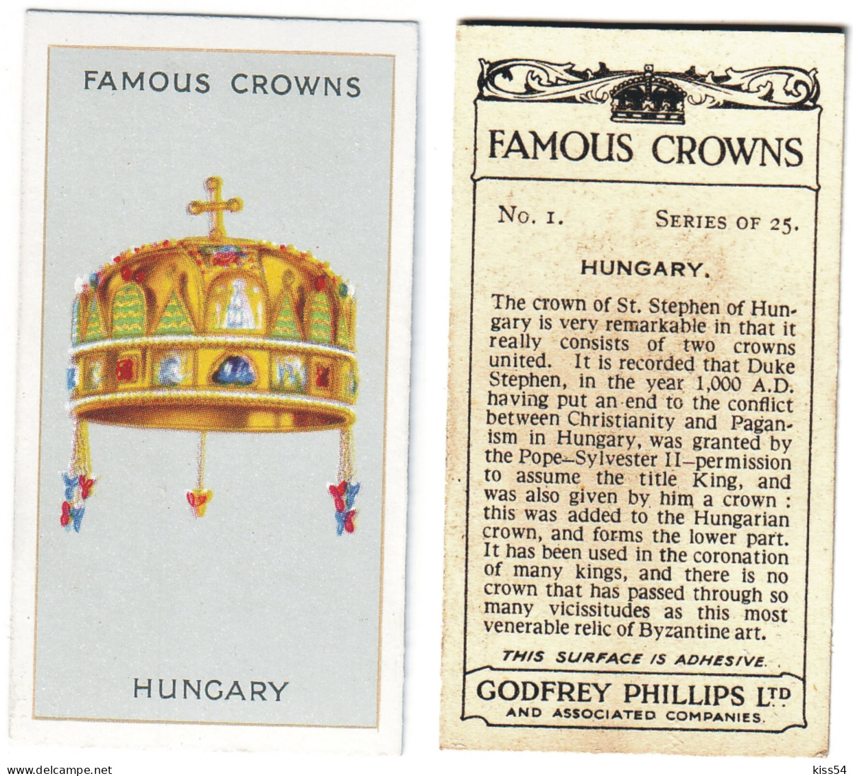 CR 6 - 1b Famous Crown, HUNGARY,  Duke St. Stephen Of Hungary - Godfrey Phillips - 1938 - Phillips / BDV