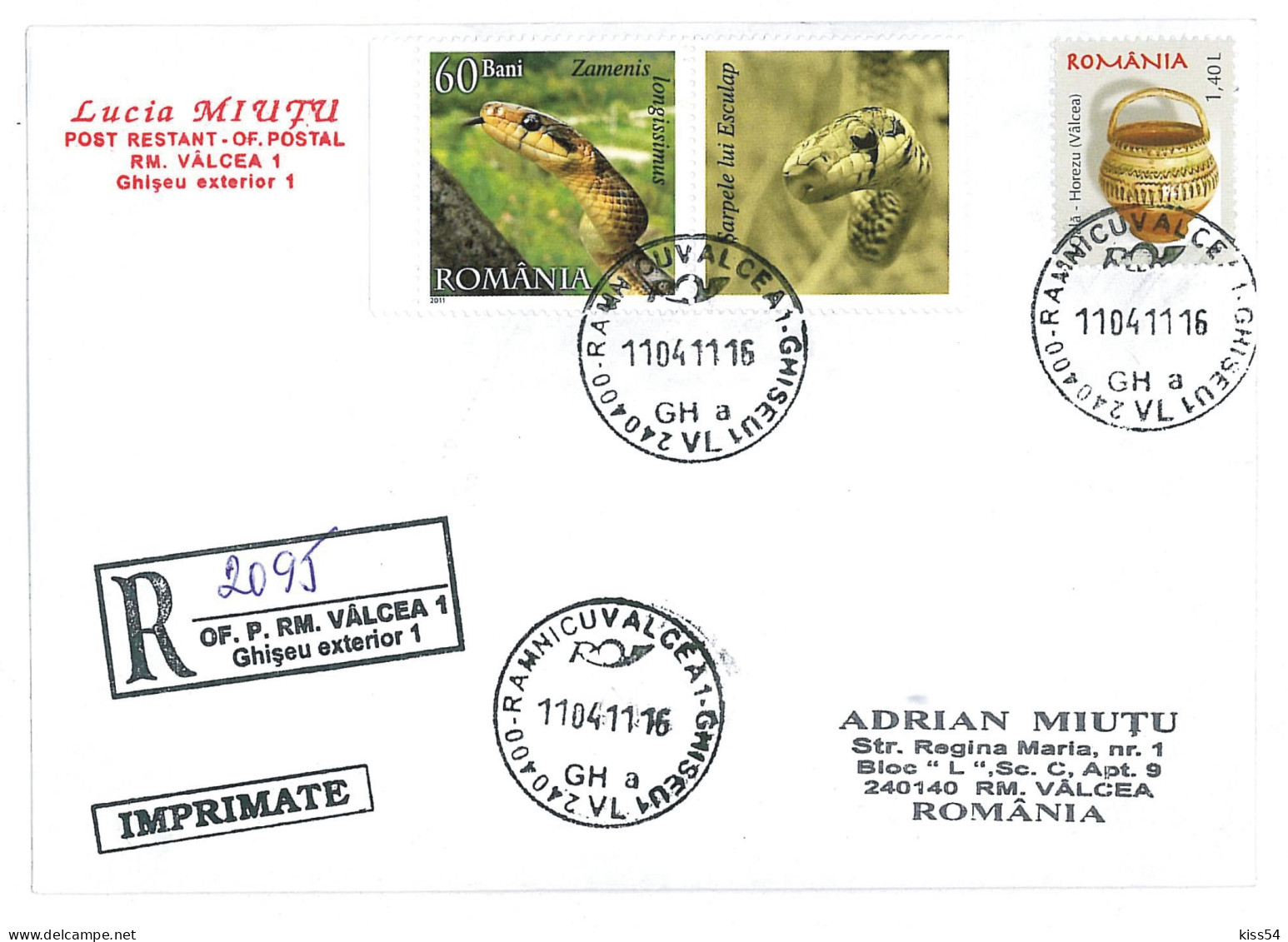 NCP 34 - 2095-a SNAKE ( Zamenis Longissimus ) Romania - Registered, Stamp With Vignette - 2011 - Schlangen