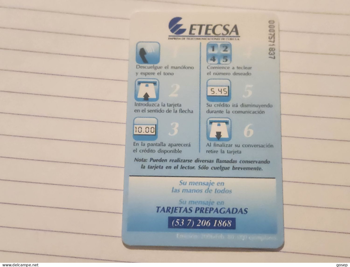 CUBA-(CU-ETE-0251)-Hotel Barcelò-(76)-($20.00)-(0007571837)-used Card+1card Prepiad Free - Cuba