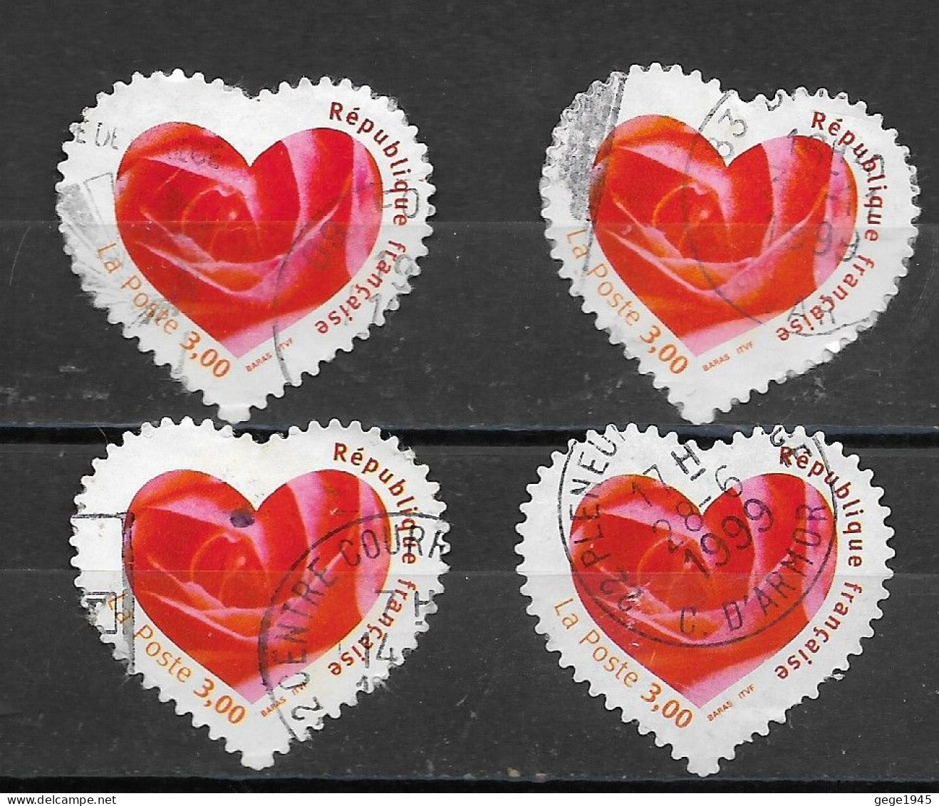 France 1999 Oblitéré Autoadhésif   N° 26    Ou   N° 3221 -  Coeur St Valentin  (  4 Exemplaires ) - Gebraucht