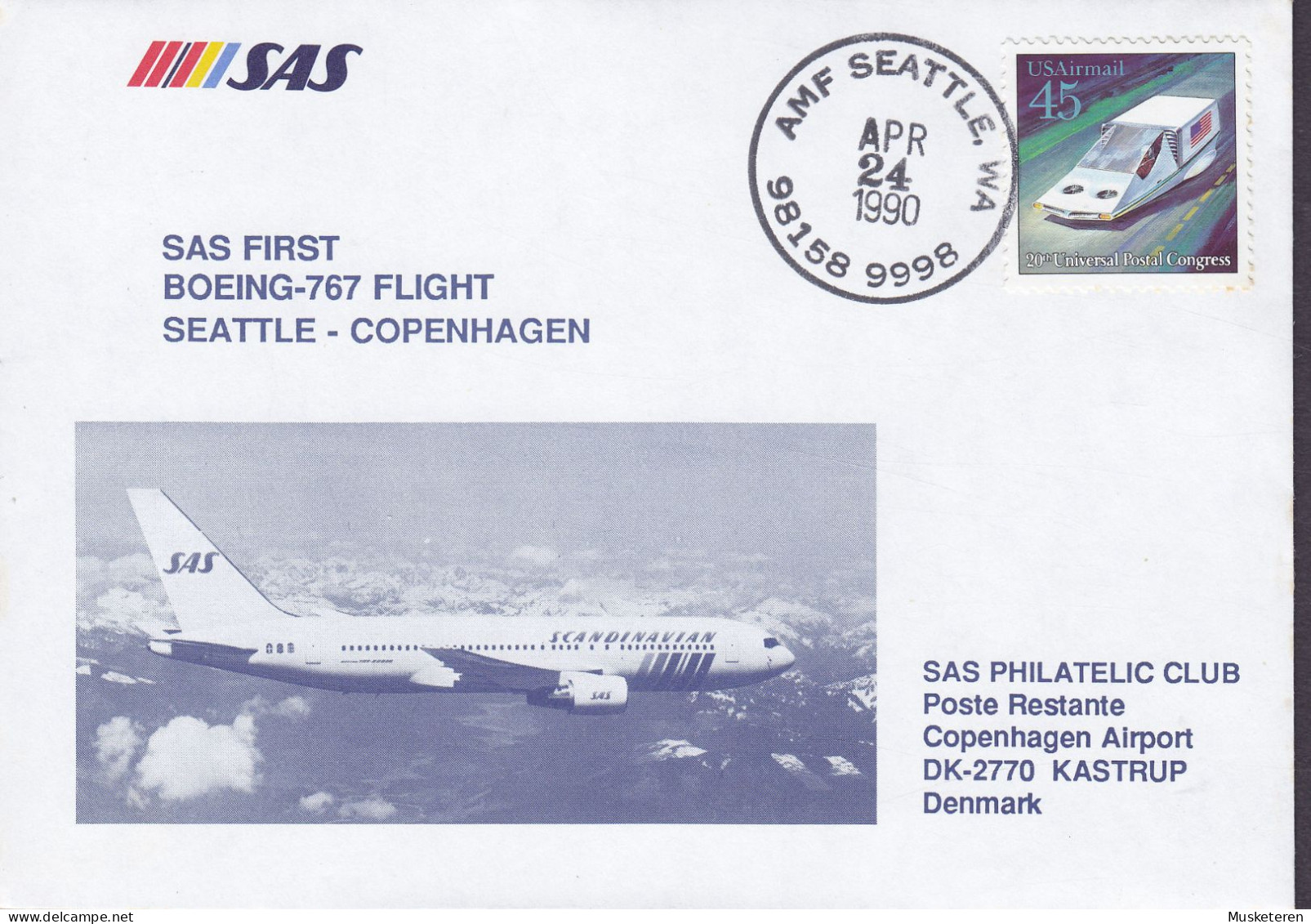 Denmark SAS First Boeing-767 Flight SEATTLE-COPENHAGEN, AMF SEATTLE 1990 Cover Brief Lettre Postal Congress - Sobres De Eventos