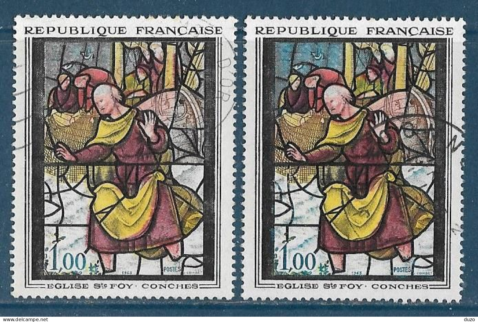 France 1963 - Variété -   Y&T N° 1377 Oblitérés Vitrail Gris Au Lieu De Bleu + Décalage Du Rouge. - Oblitérés