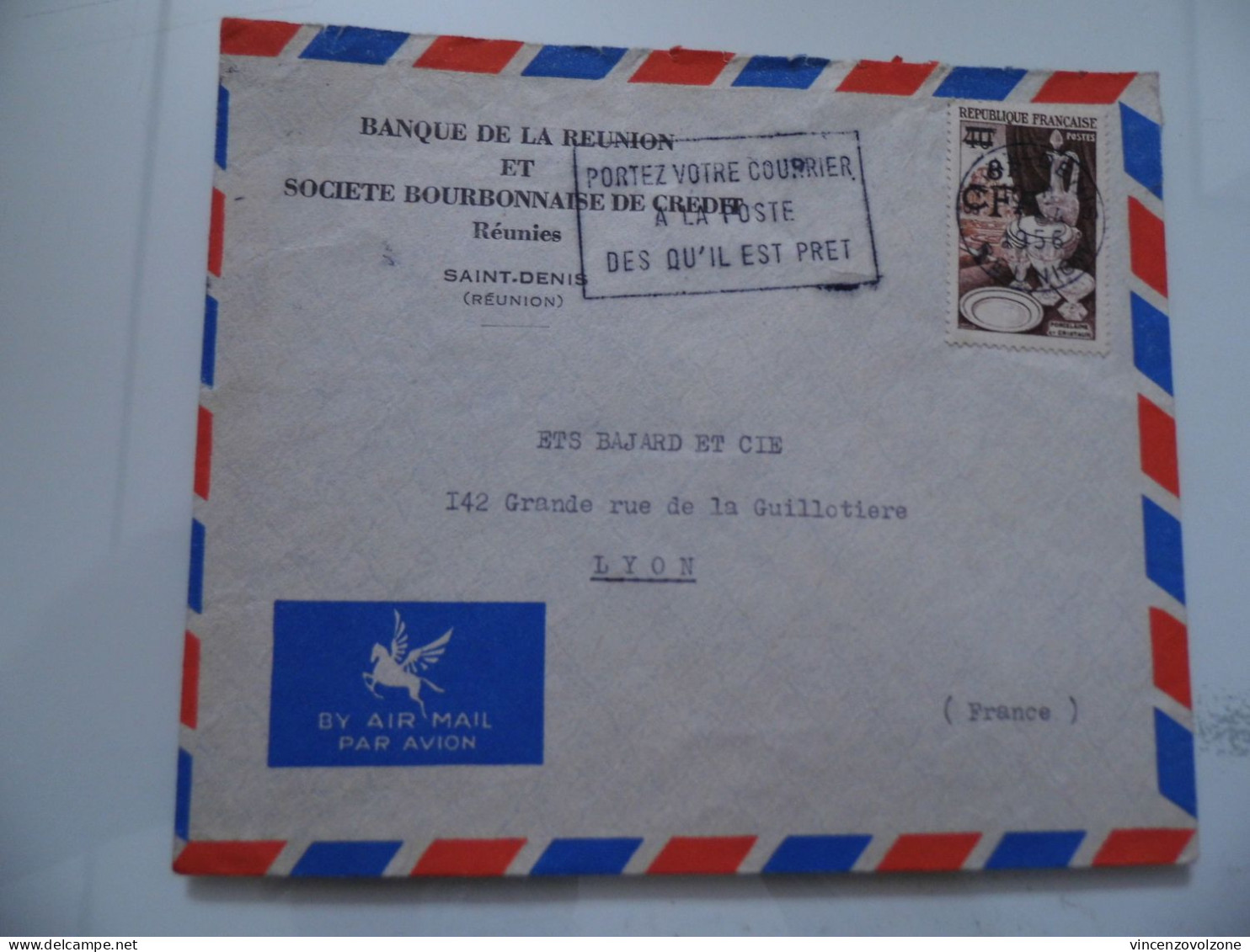 Busta Viaggiata Per La Francia Via Aerea "BANQUE DE LA REUNION SAINT DENIS" 1956 - Storia Postale