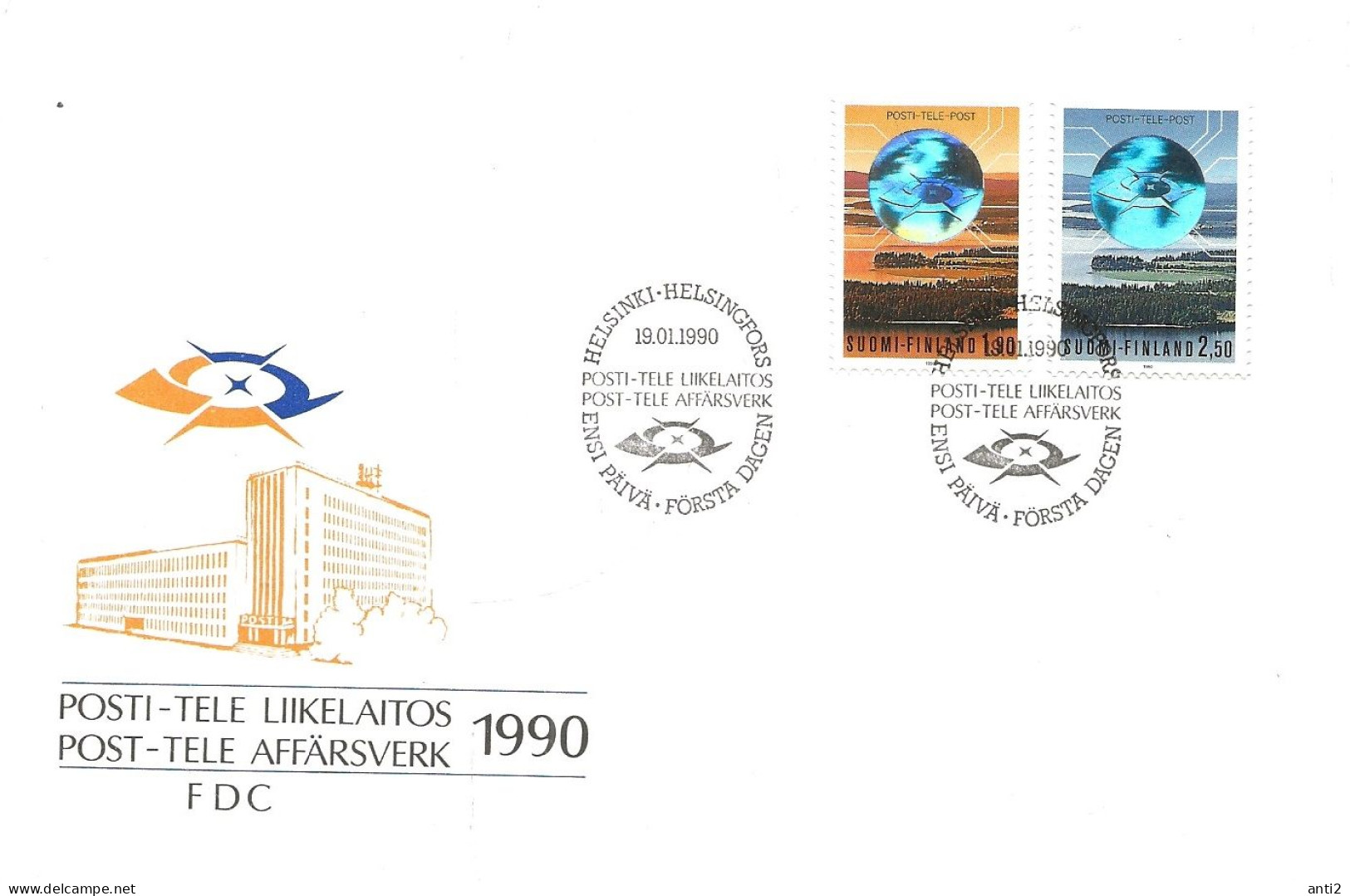 Finland   1990 Privatization Of Postal And Telecommunications, Landscape With Lake Päijänne; Map Of The Mi 1098-1099 FDC - Cartas & Documentos