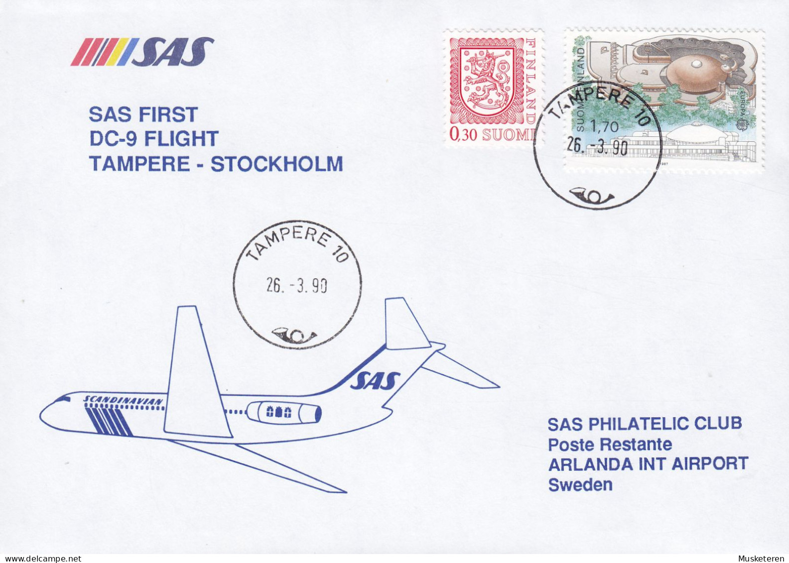 Finland SAS First DC-9 Flight TAMPERE-STOCKHOLM, TAMPERE 1990 Cover Brief Lettre Europa CEPT Stamp - Brieven En Documenten