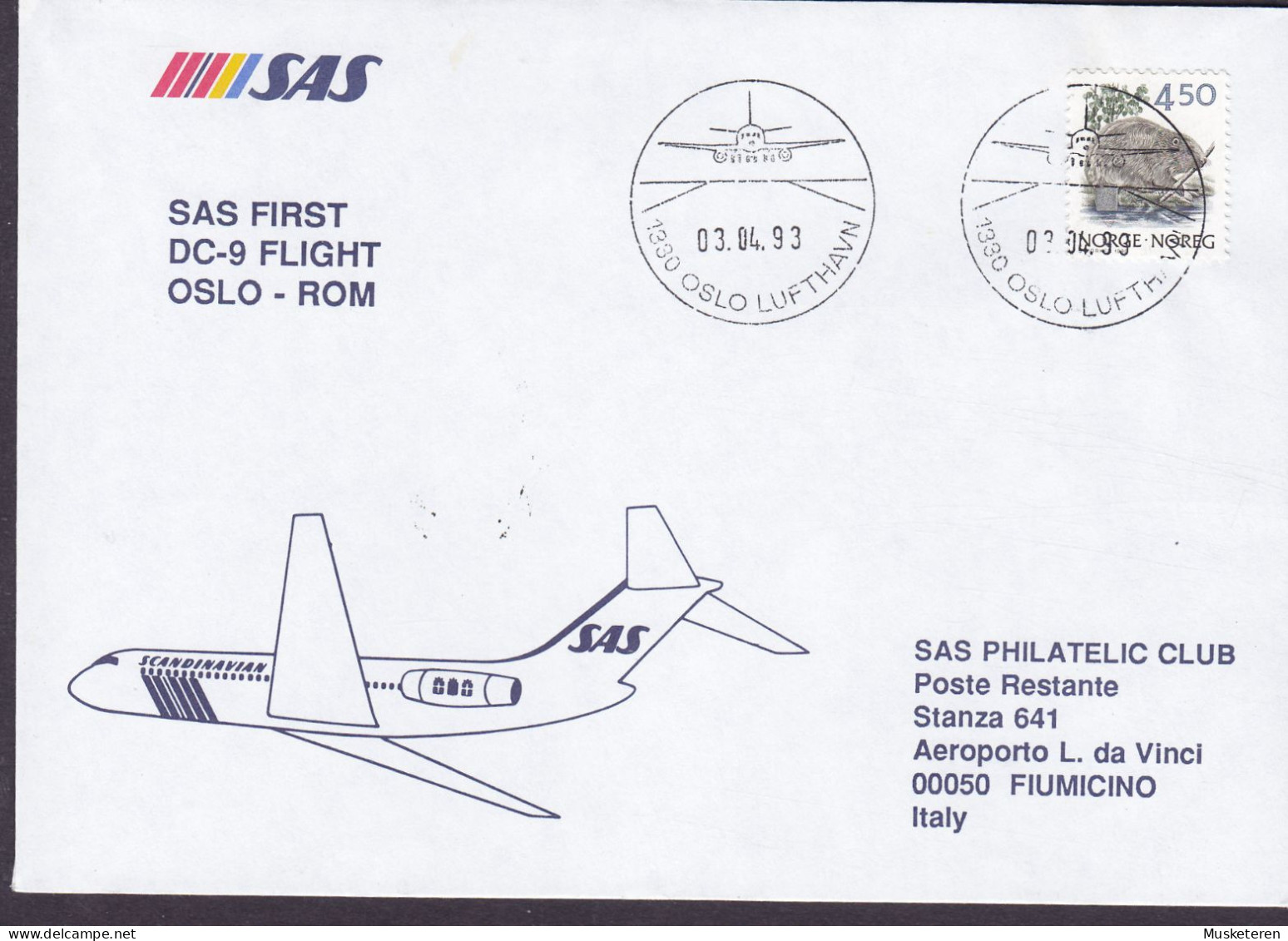 Norway SAS First DC-9 Flight OSLO-ROMe, OSLO 1993 Cover Brief Lettre Aeroporto Leonardo Da Vinci Beaver Stamp - Lettres & Documents