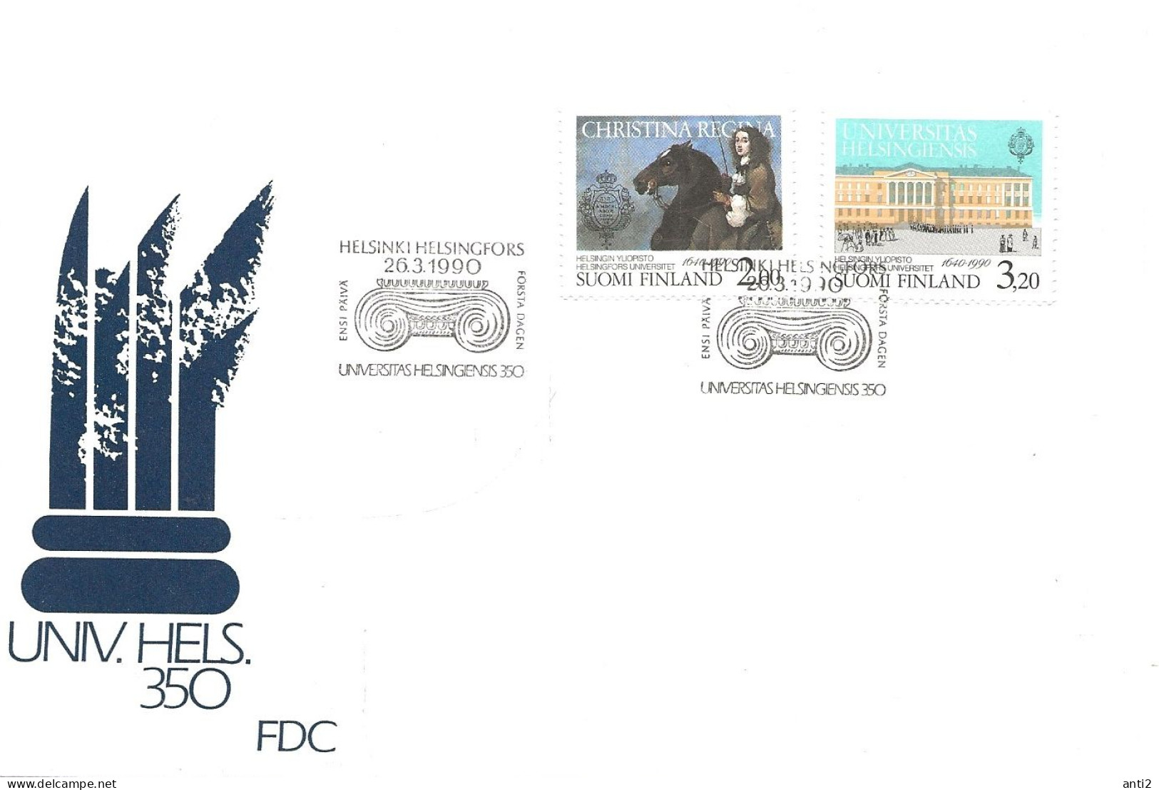 Finland   1990 350th Anniversary University  Helsinki, Queen Christine On Horseback, University Building  Mi 1106-7 FDC - Briefe U. Dokumente