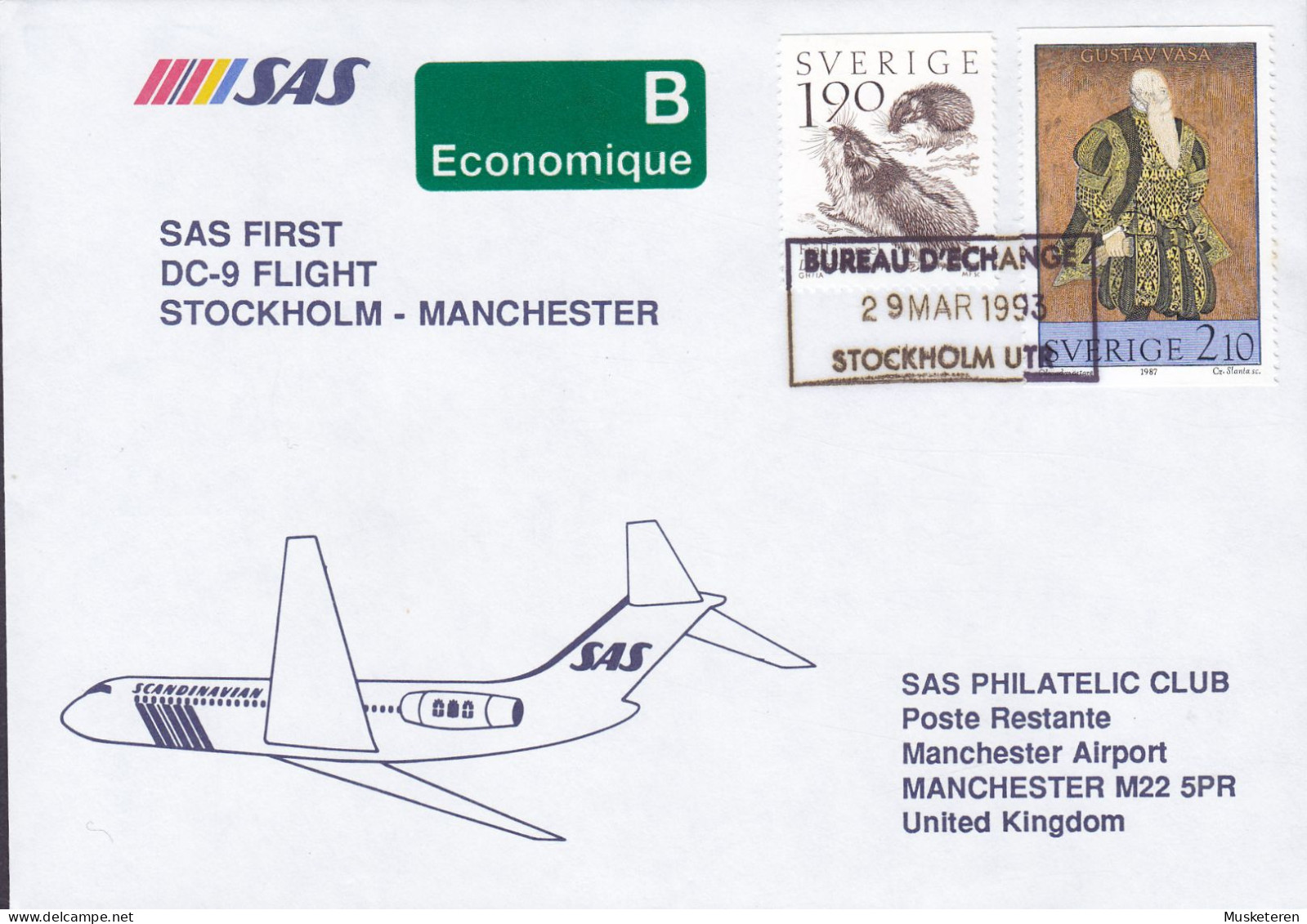 Sweden SAS First DC-9 Flight STOCKHOLM-MANCHESTER 1993 Cover Brief Lettre Lemming Rodent King Gustav Vasa (Cz. Slania) - Covers & Documents