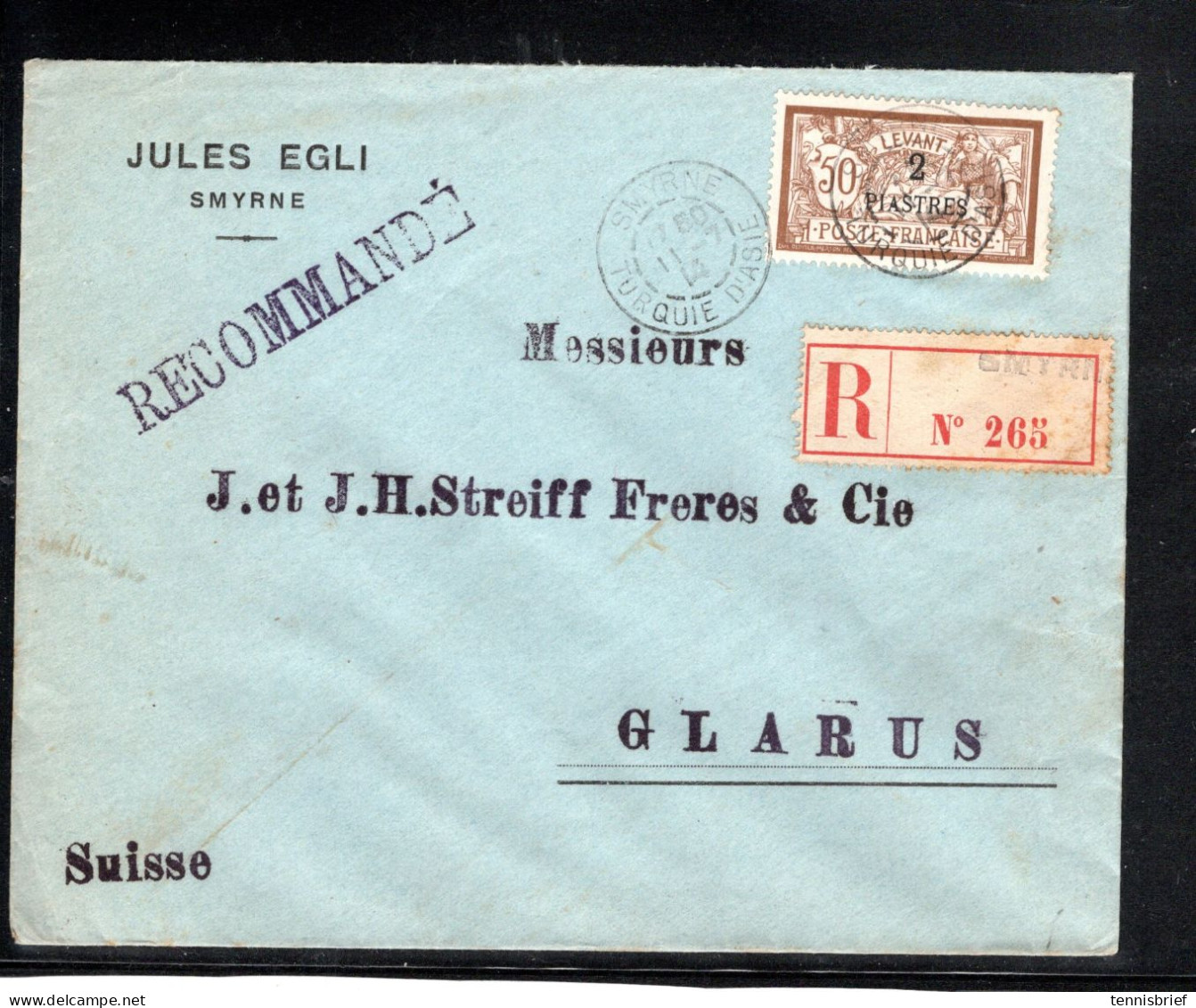 1914 , 2 Pia. Surchargee . ,oblit. Claire " SMYRNE-TURQUIE D 'ASIE " Lettre Recommandee, Commerciale   -Rare !  #1728 - Covers & Documents