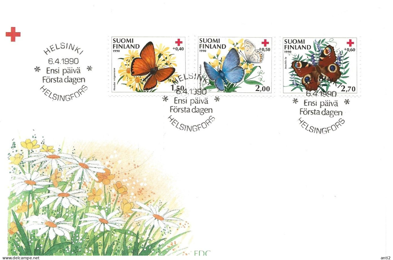 Finland   1990  Red Cross: Butterflies,  Ducat Butterfly, Magnificent Blue Colour , European Peacock Mi 1110-1112 FDC - Briefe U. Dokumente