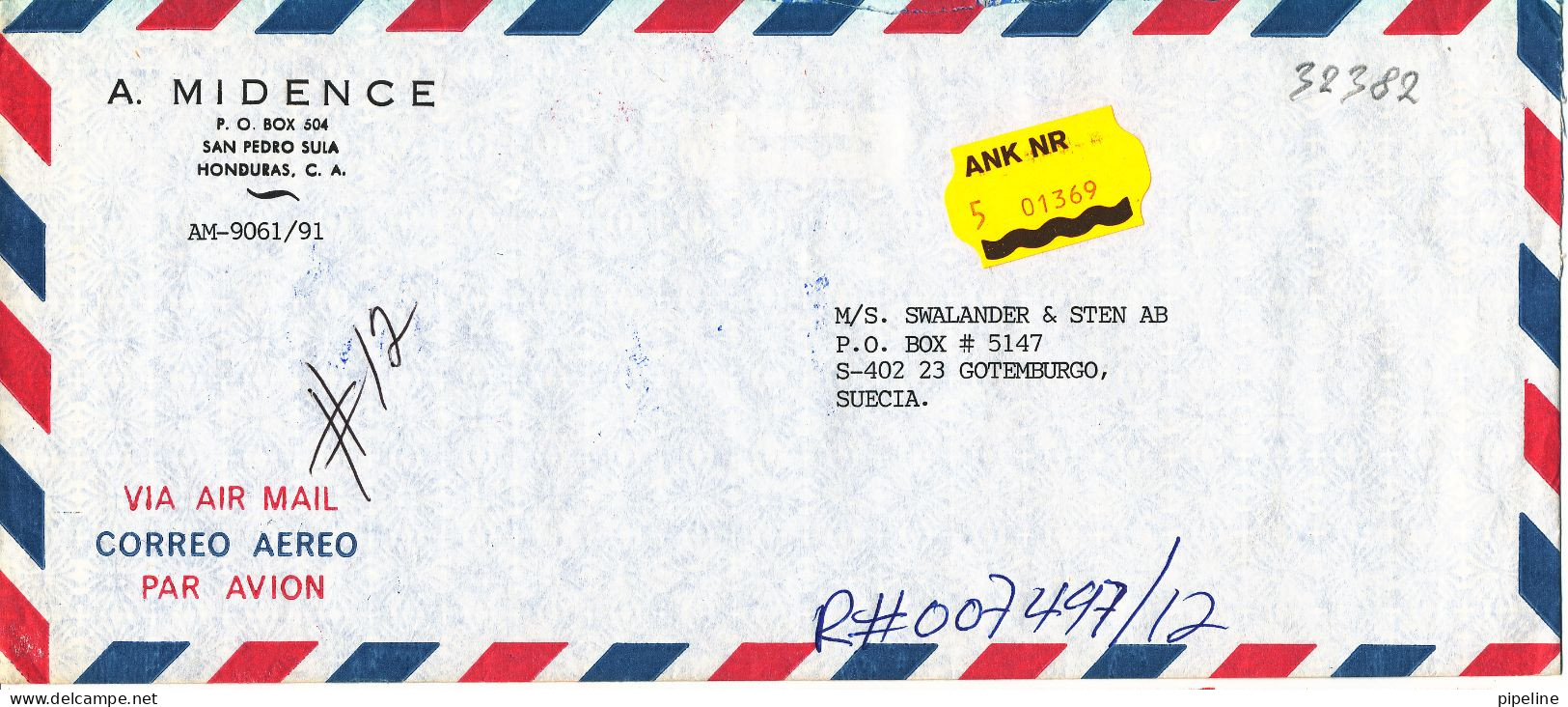 Honduras Registered Air Mail Cover Sent To Sweden 15-2-1991 All The Stamps Are On The Backside Of The Cover - Honduras