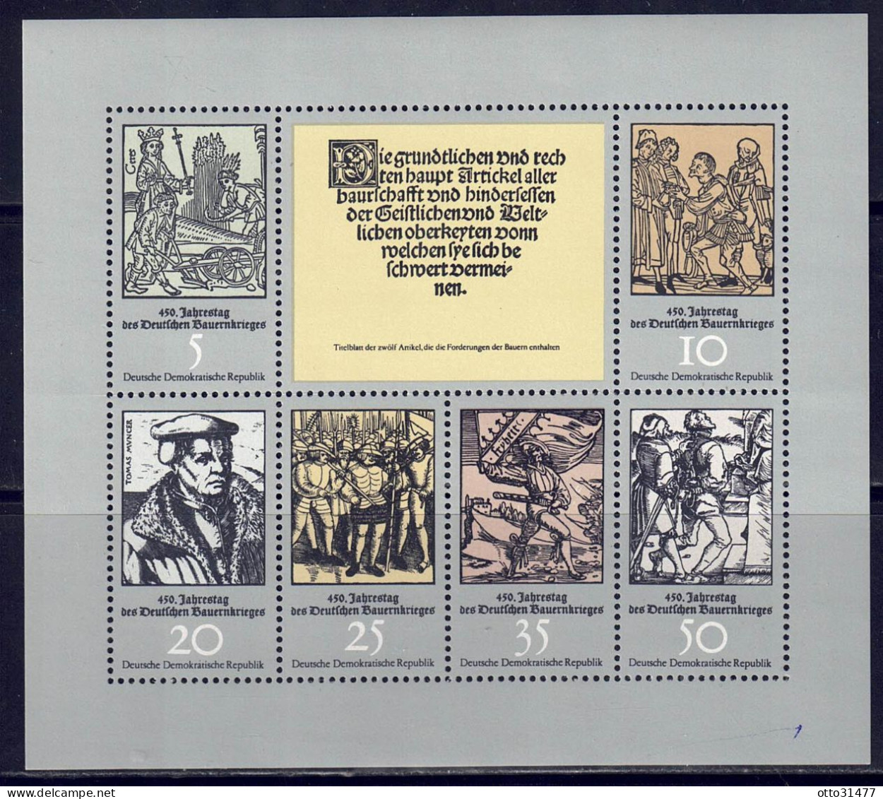 DDR 1975 - Bauernkriege, Nr. 2013 - 2018 Im Kleinbogen, Postfrisch ** / MNH - 1971-1980