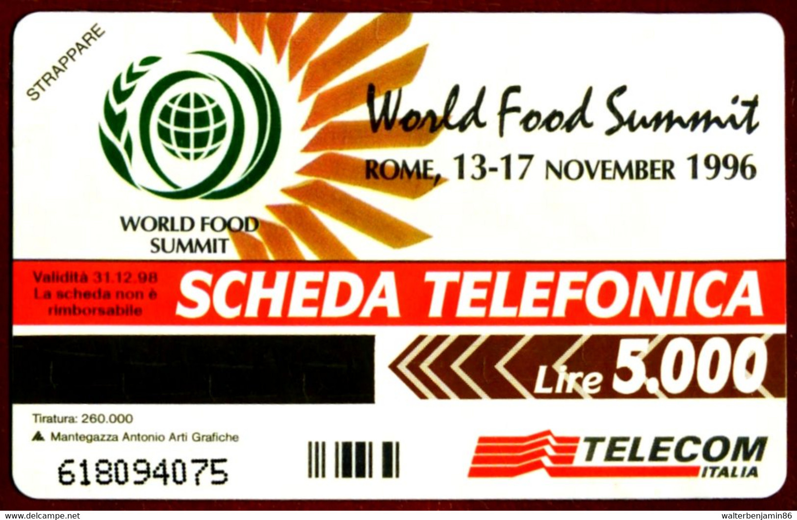 G 559 C&C 2615 SCHEDA NUOVA MAGNETIZZATA WORLD FOOD SUMMIT - Pubbliche Speciali O Commemorative