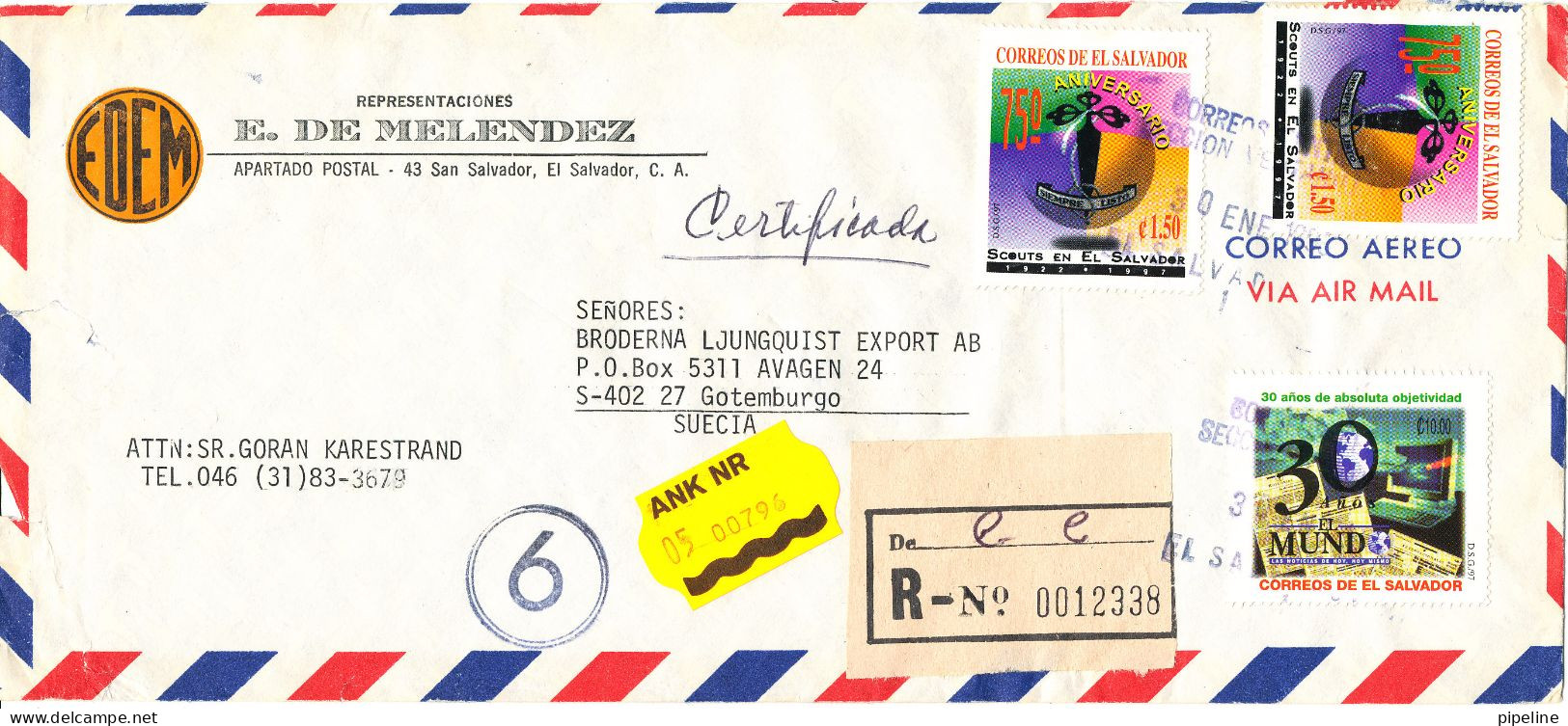 El Salvador Registered Air Mail Cover Sent To Sweden 30-1-1998  A Tear In The Left Side Of The Cover - El Salvador