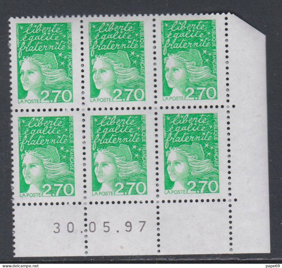 France N° 3091 XX  Luquet 2 F. 70 Vert En Bloc De 6 Coin Daté Du 30 . 05 . 97 ;  Sans Charnière , TB - 1990-1999