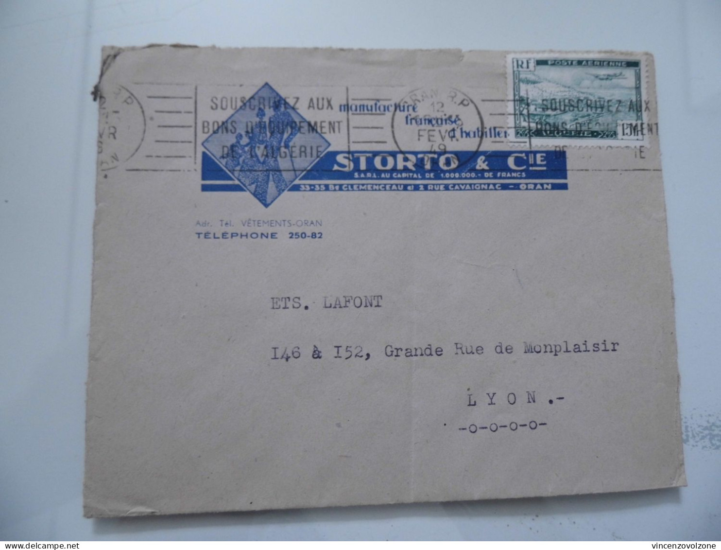 Busta Viaggiata Per La Francia "STORTO & C.IE ORAN" 1949 - Luchtpost