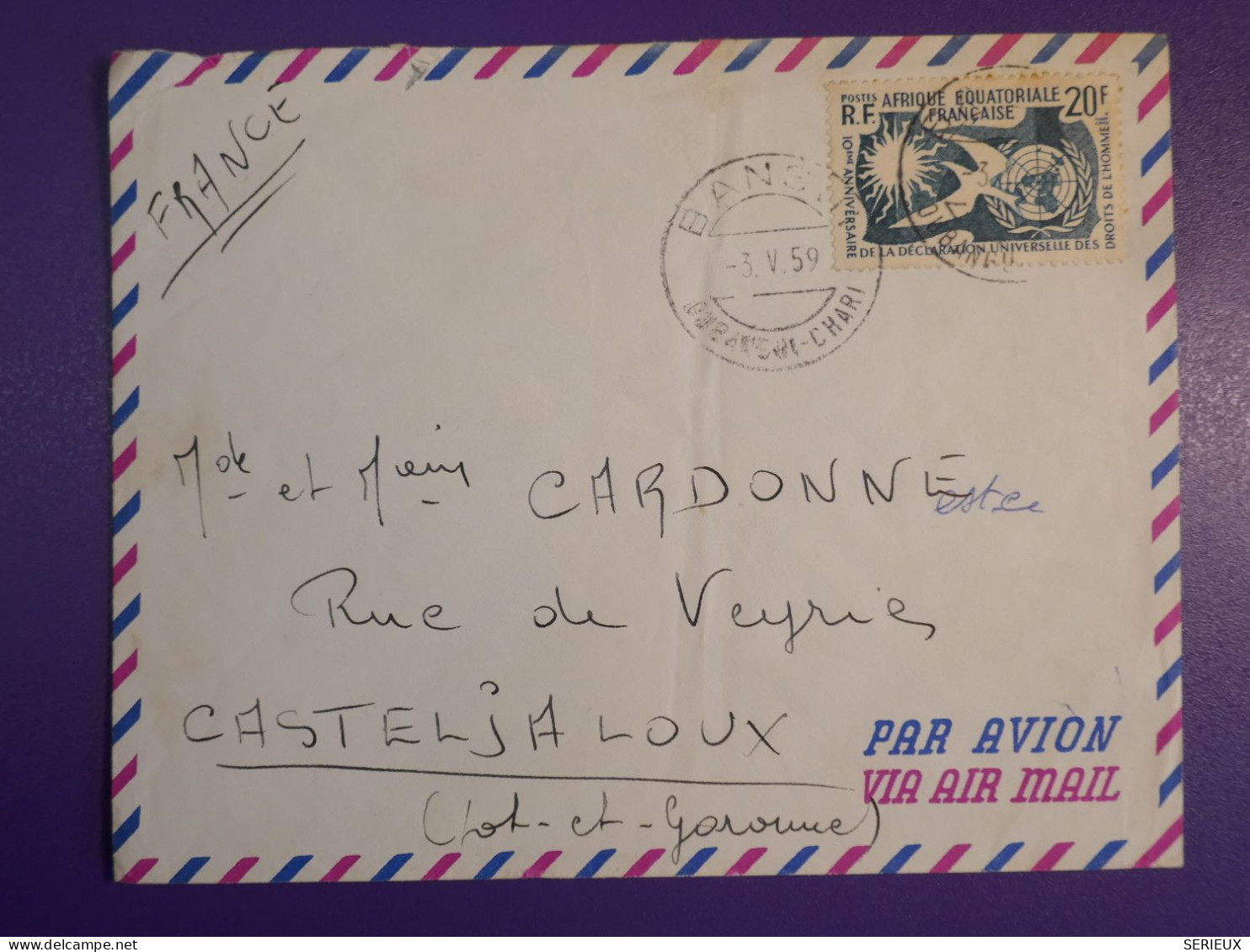 DM3  AEF  BELLE LETTRE  1959  BANGUI A CASTELJALOUX  FRANCE ++AFF.   INTERESSANT+ + - Storia Postale