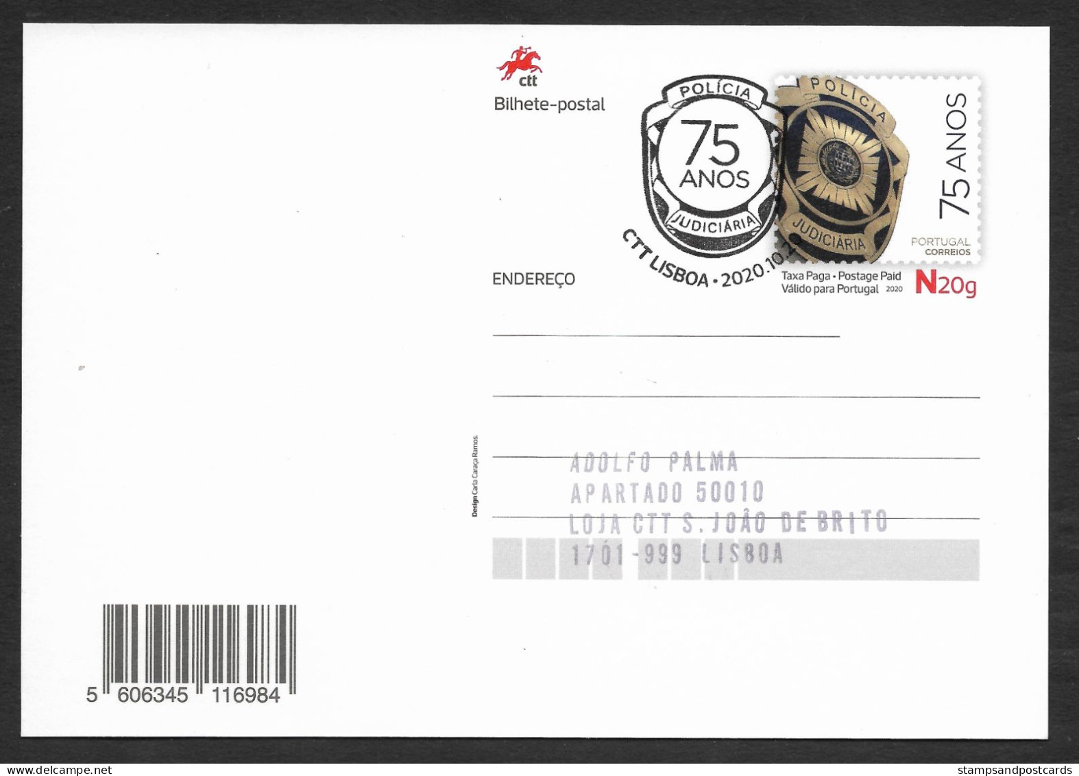 Portugal Carte Entier Postal 75 Ans Policia Judiciária Police Criminelle Avec Cachet 2020 Stationery Criminal Police Pmk - Ganzsachen