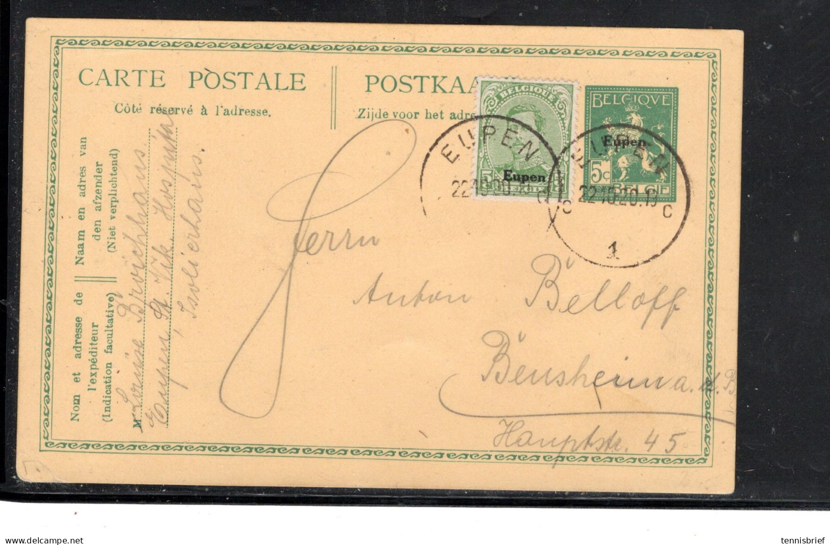 1920 , 5 C.  Aufdruck " EUPEN "auf GA 5 C. "EUPEN "  Klar . "EUPEN-22.10.20 " Portogerecht Nach Bensheim, Bedarf ! #1708 - OC55/105 Eupen & Malmédy